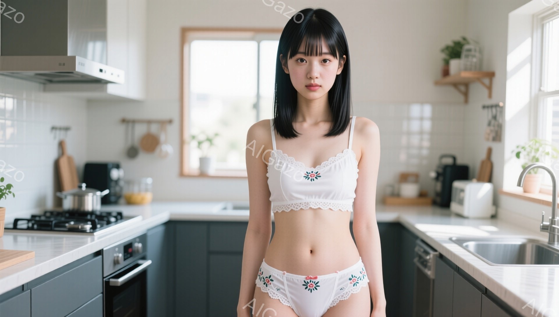 黒髪の女性が、白いレースと刺繍が施されたブラとショーツ姿でキッチンに立っている。彼女は無表情でカメラを見つめ、姿勢はまっすぐでやや緊張しているように見える。背景は明るいキッチンで、調理器具、シンク、そして窓から差し込む自然光が確認できる。