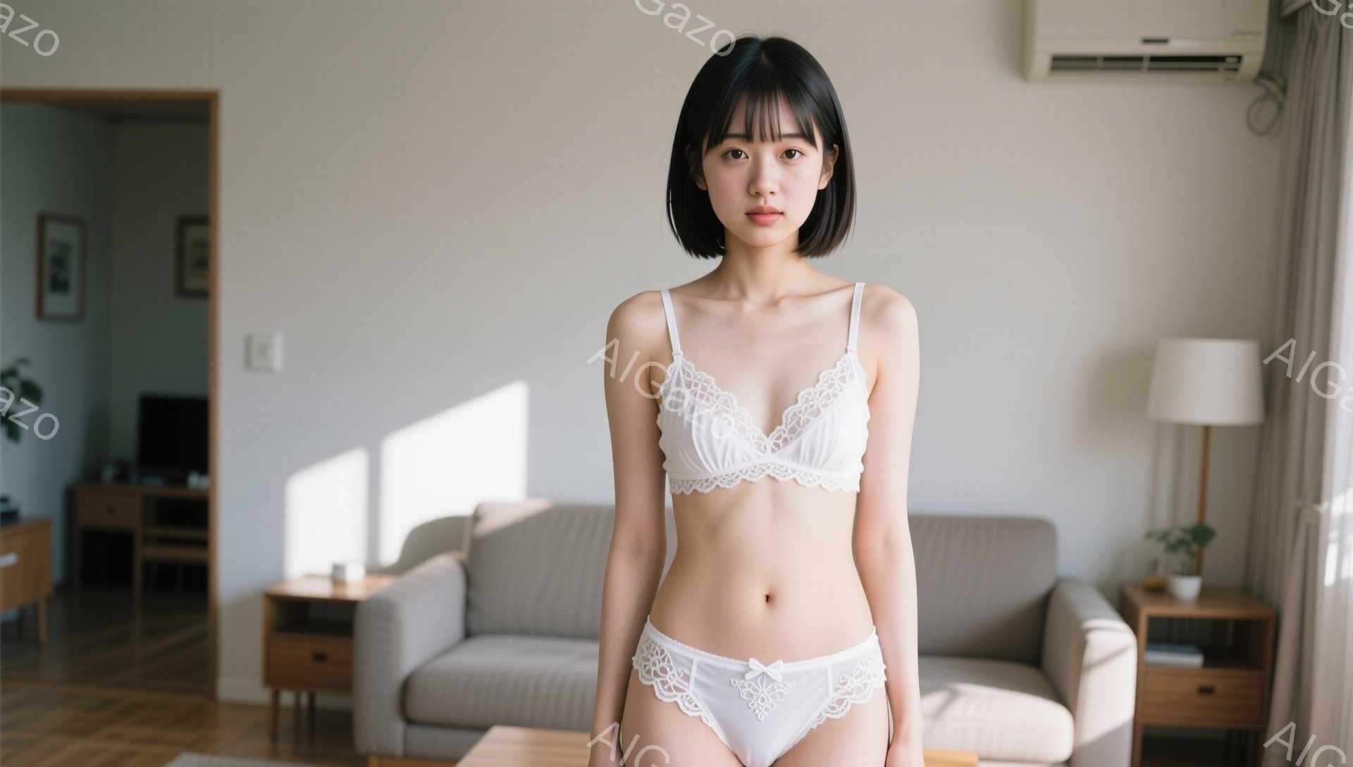 明るいリビングルームに立つ若い女性は、白いレースのブラとショーツを身に着けています。彼女は黒髪のボブヘアで、表情は穏やかでまっすぐ前を見ています。背景にはソファや家具が見え、自然光が差し込み、リラック - AI生成フリー素材