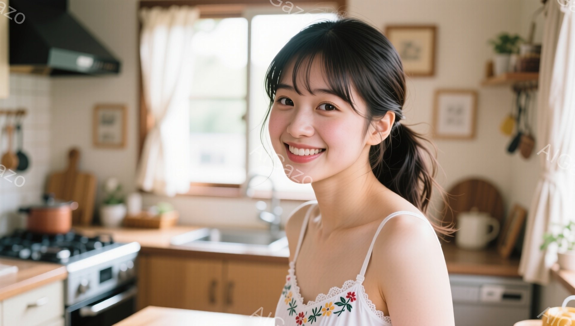 明るいキッチンで、若い女性が微笑んでいます。彼女は肩出しの白いブラウスを着ており、髪は後ろでポニーテールに結ばれています。背景には、調理器具や植物が飾られたキッチンがあり、窓からは自然光が差し込み、温 - AI生成フリー素材