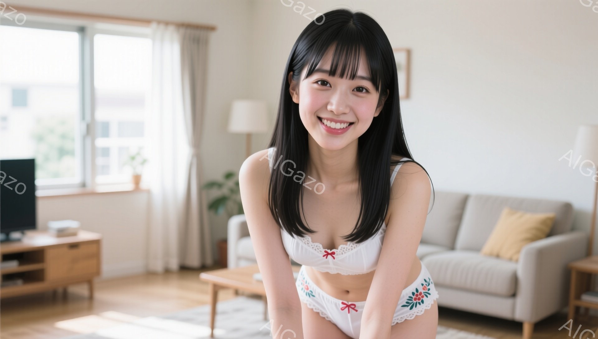 長い黒髪を肩まで伸ばした若い女性が、白いレースのブラジャーとショーツ姿で微笑んでいます。彼女は少し前かがみになり、両手を膝の上に置き、明るい表情でカメラを見つめています。背景には、ベージュのソファと木 - AI生成フリー素材