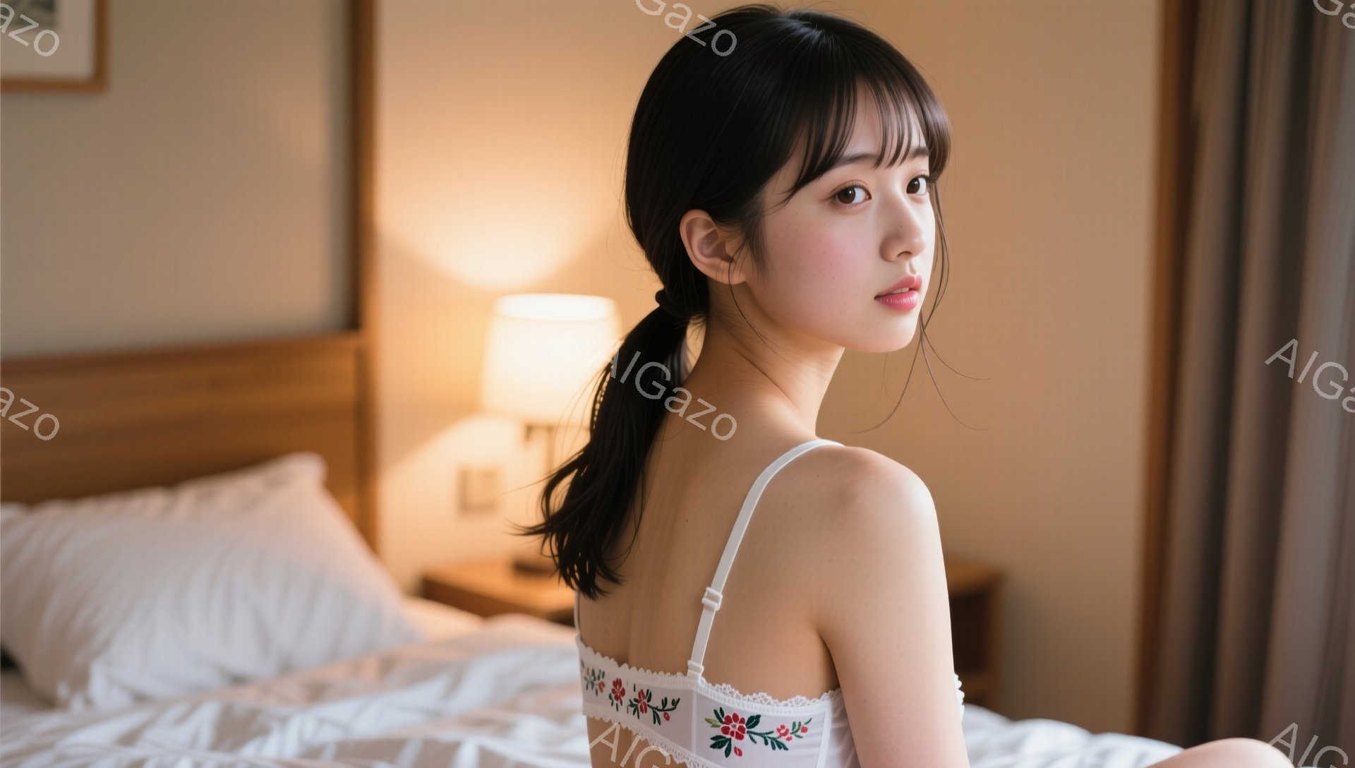 黒髪をポニーテールにした若い女性が、白いレースと花柄のキャミソールを着てベッドに横たわっています。彼女はカメラ越しに振り返り、穏やかで少し物憂げな表情をしています。背景には木製のナイトテーブルとランプ - AI生成フリー素材