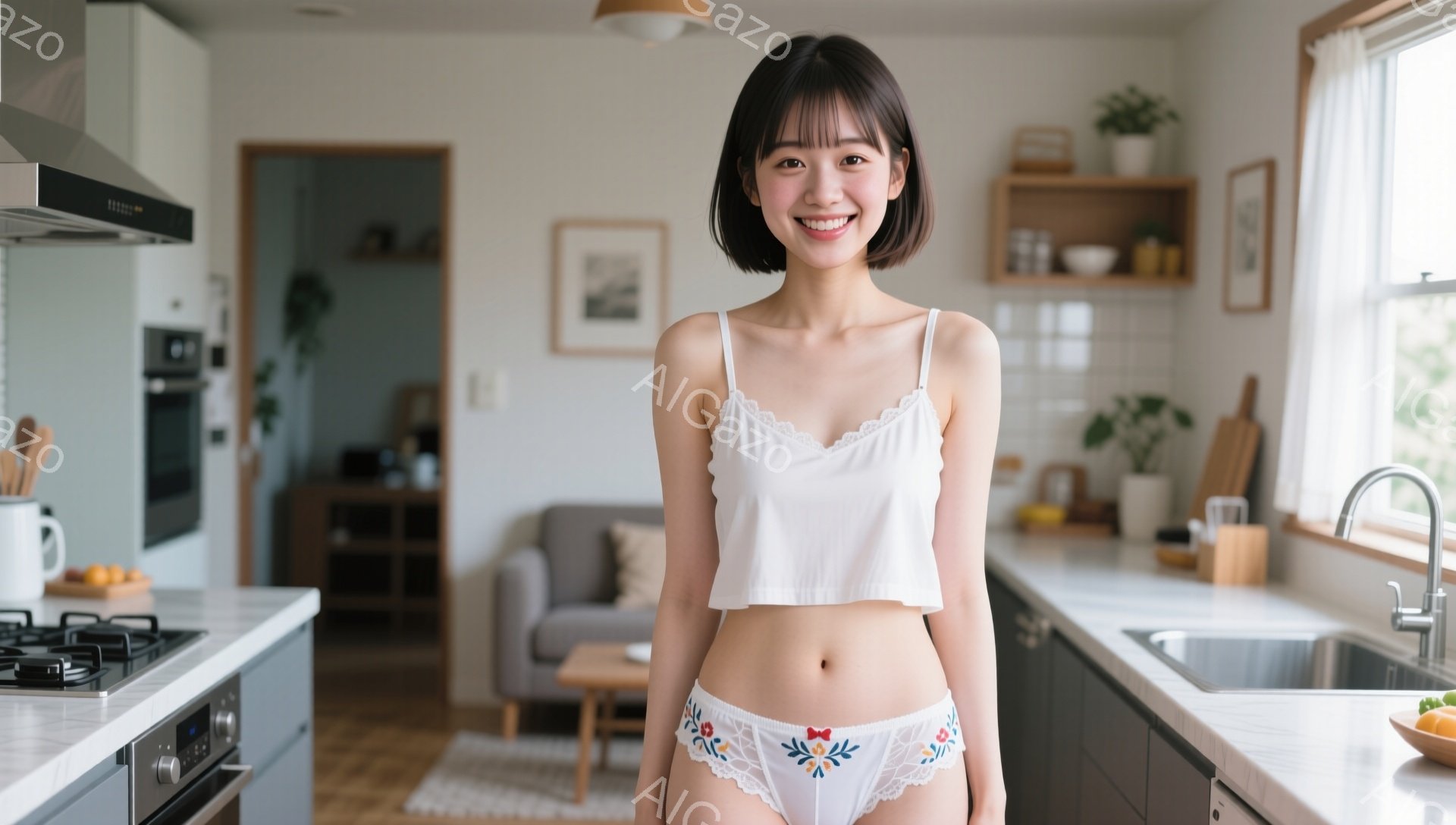 明るいキッチンで、若い女性が白いクロップトップと花柄のパンツを身に着けて立っている。彼女は肩までのボブヘアで、笑顔を見せている。背景にはリビングルームとキッチン設備があり、全体的に明るく家庭的な雰囲気 - AI生成フリー素材