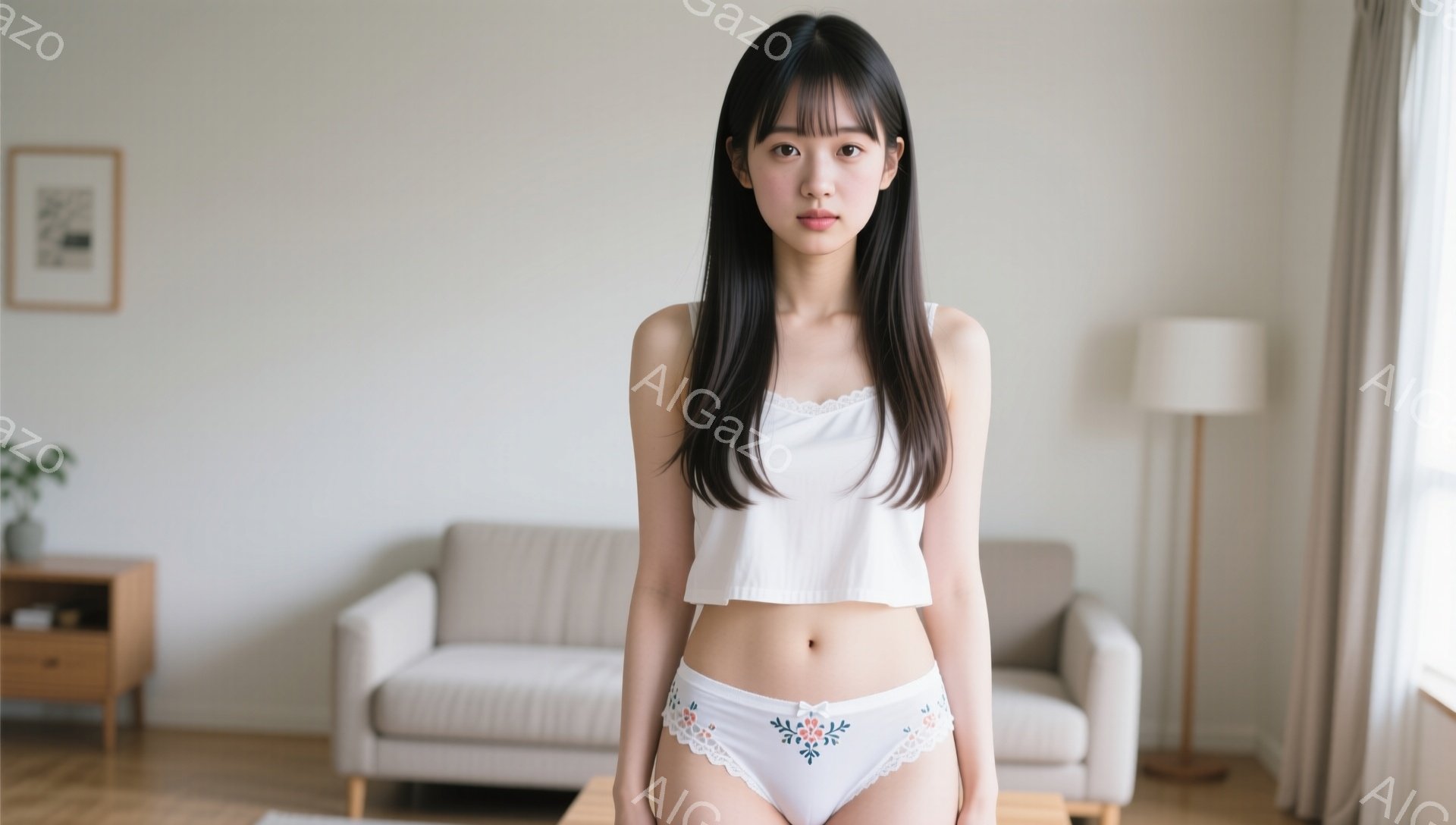 長い黒髪で前髪を少し作った女性が、白いレースのトリミングが施されたクロップド丈のトップスと、花柄のレースが飾られた白いパンツを身に着けて立っています。彼女は少し緊張した表情でまっすぐ前を見つめており、無表情に近いです。背景には、ベージュ色のソファや木製の家具が見え、穏やかでシンプルなリビングルームの雰囲気です。