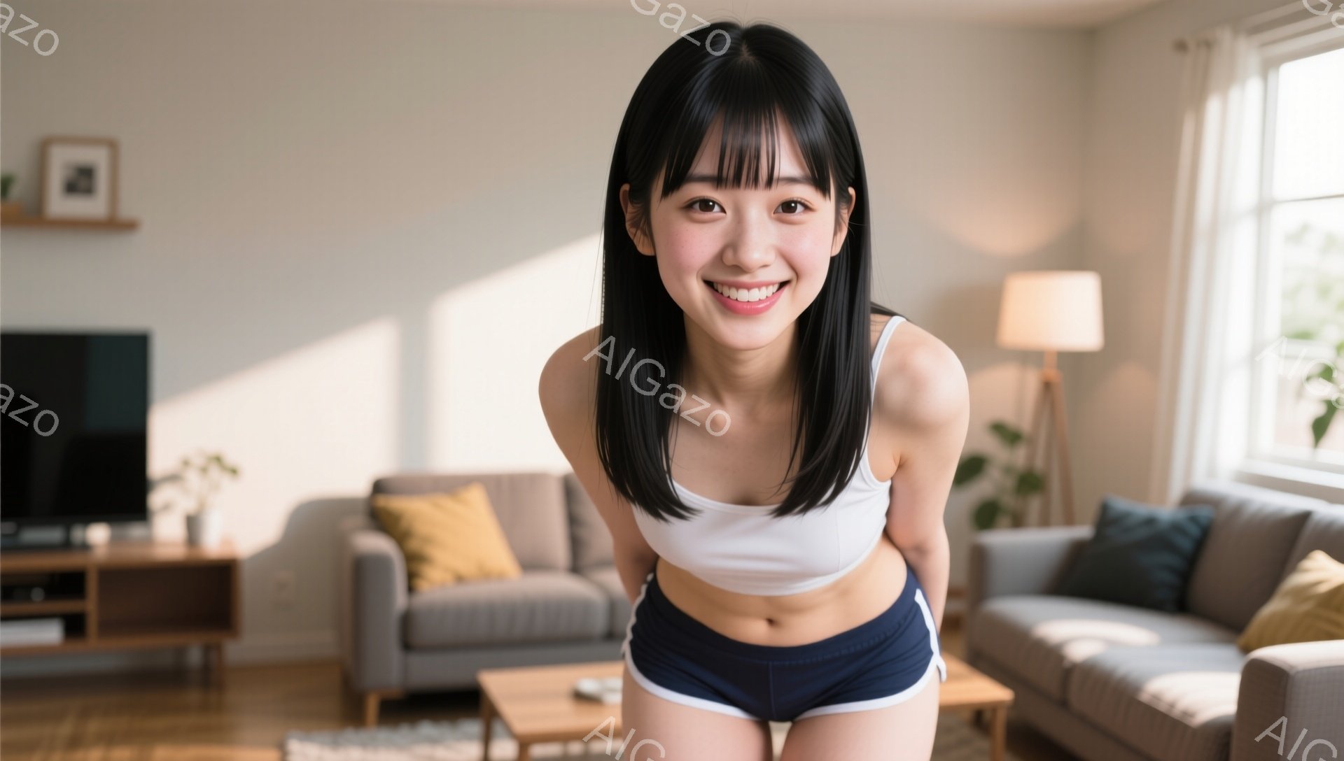 黒髪の女性が、白いタンクトップと紺色のショートパンツ姿で、少し前かがみの姿勢で微笑んでいます。背景は明るいリビングルームで、灰色のソファや木製のテレビ台などが見えます。全体的に、健康的で活気のある雰囲気が漂っています。