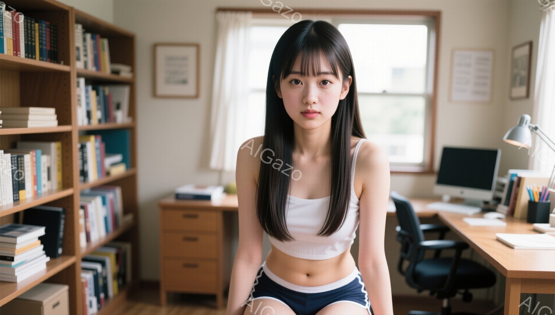 長い黒髪で前髪が眉毛にかかる女性が写っている。白いタンクトップと紺色のショートパンツを身に着け、少し緊張した表情で正面を見ている。背景には本棚や机があり、明るい室内でリラックスした雰囲気だが、どこか緊 - AI生成フリー素材