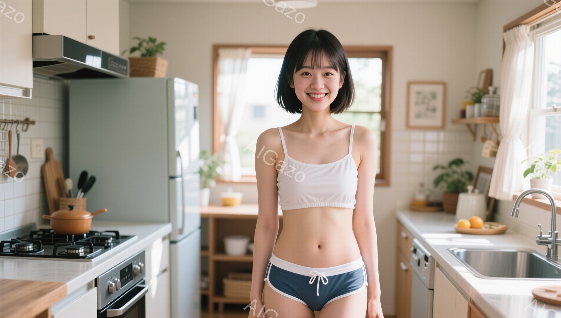 薄いブルーのキッチンを背景に、白いタンクトップと水色のショートパンツを身につけた若い女性が立っています。彼女は短い黒髪で、穏やかな笑顔を浮かべています。背景には調理器具や食器が並んだ棚、そして明るい自 - AI生成フリー素材