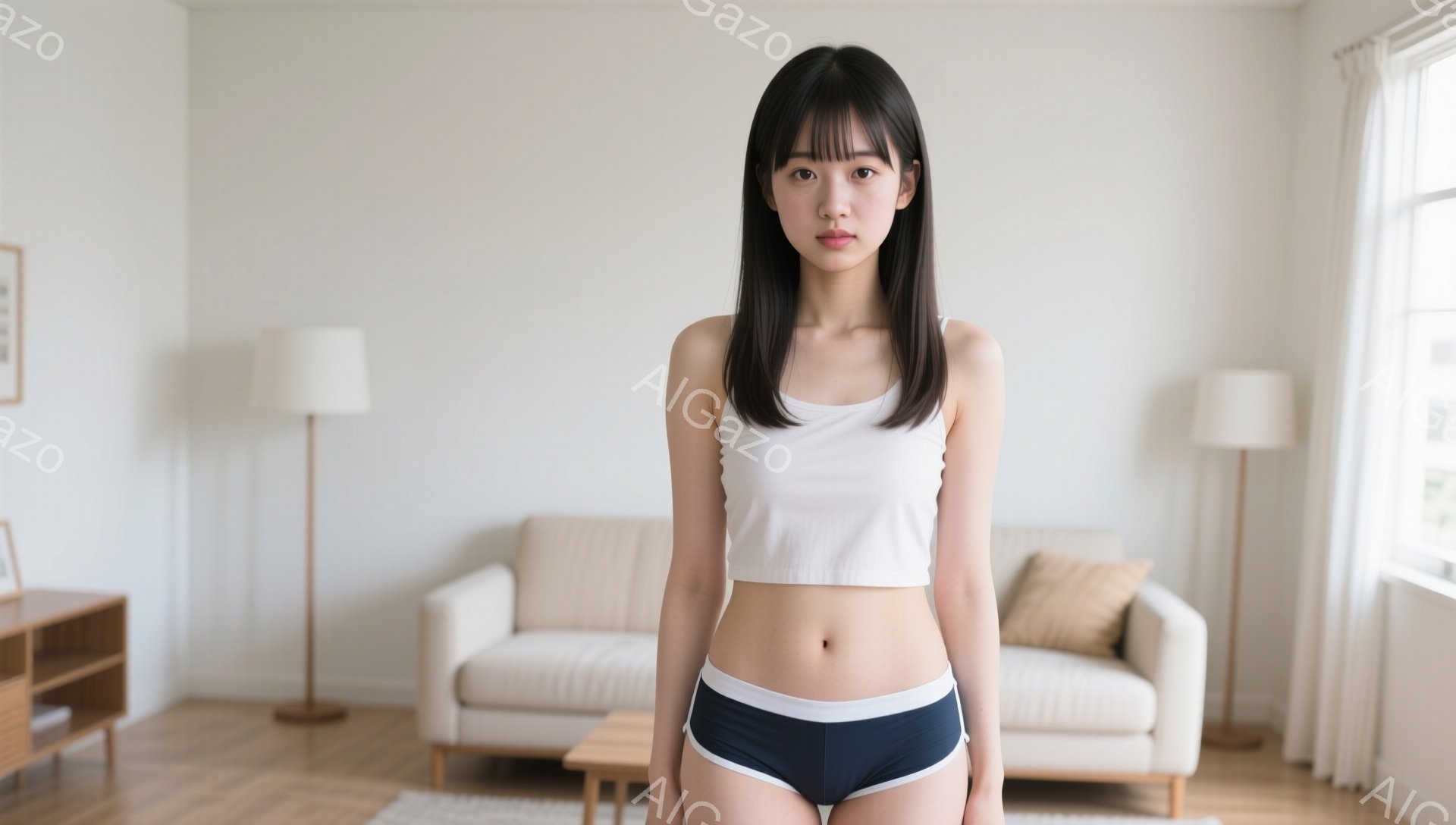 長い黒髪で前髪ぱっつんの女性が、白いクロップド丈のタンクトップと紺色のブリーフを身に着けて立っています。彼女はまっすぐ前を向き、表情はやや無表情です。背景にはベージュのソファと間接照明があり、シンプルなリビングルームのようです。