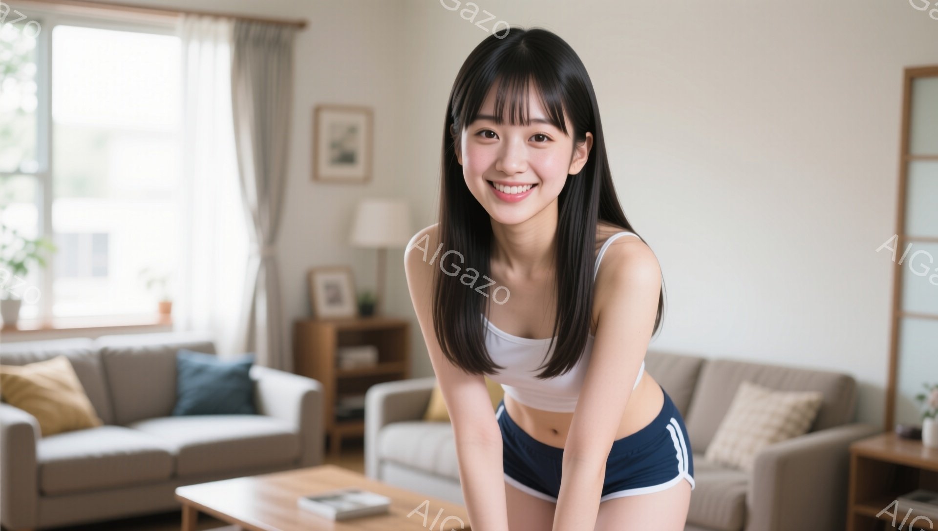画像には、明るいリビングルームで微笑む若い女性が写っています。彼女は白いタンクトップと紺色のランニングショーツを着用し、ストレートで前髪のある黒髪が特徴です。背景には、ソファ、コーヒーテーブル、植物などがあり、温かく家庭的な雰囲気が漂っています。