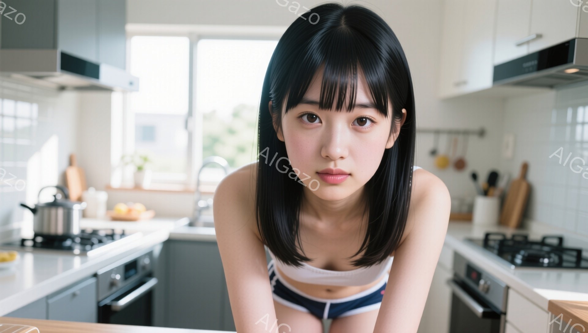 黒髪のショートヘアの女性がキッチンで寄りかかって写っている。白いブラトップと紺色のショートパンツ姿で、少し微笑んだ表情をしている。背景には、調理器具や家電製品が並んだ明るいキッチンが見え、窓からは自然光が差し込んでいる。