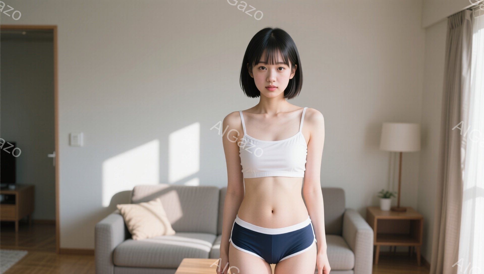 短い黒髪の女性が、白いタンクトップと紺色のブリーフを身につけて立っている。彼女はまっすぐ前を向き、落ち着いた表情で、やや引き締まった体型をしている。背景は明るいリビングルームで、ソファやサイドテーブル、窓からの自然光が差し込んでいる。