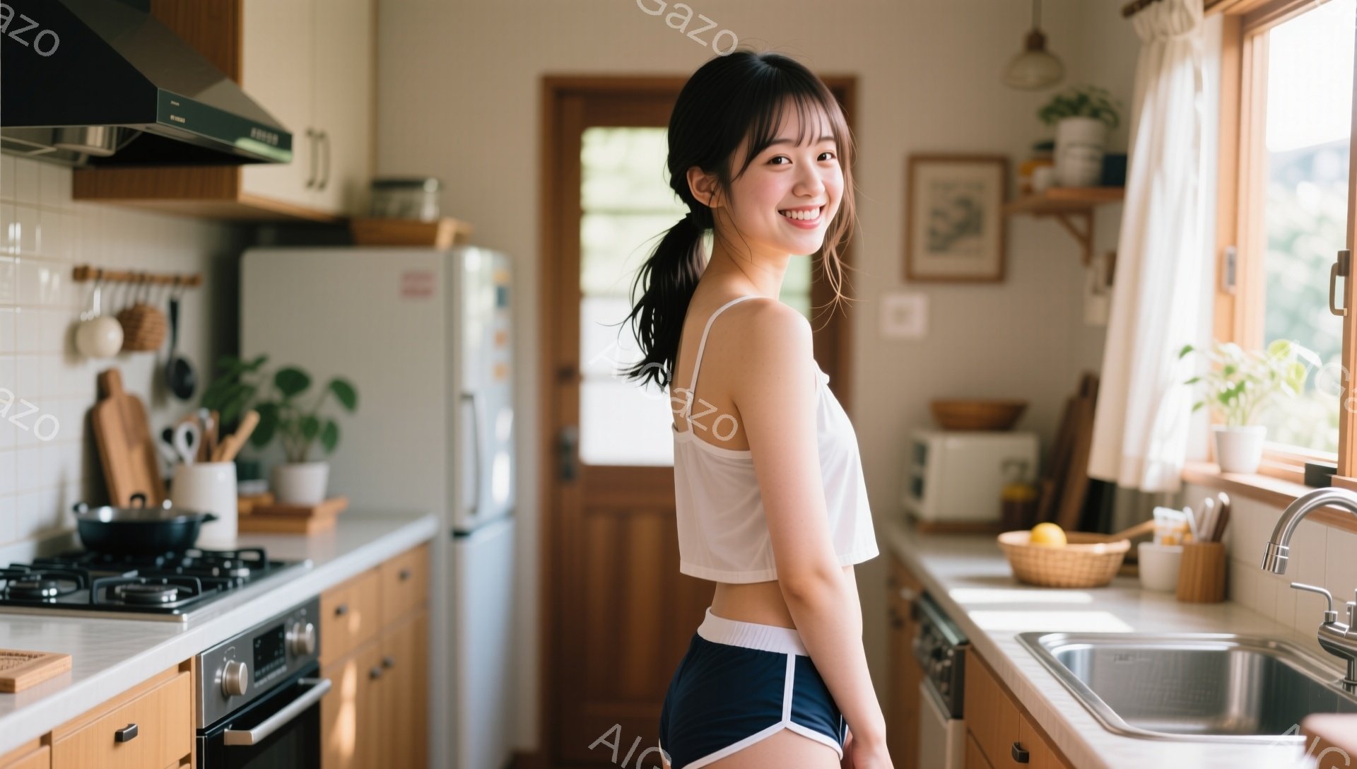 明るいキッチンで、女性が白いクロップド丈のトップスと紺色のショートパンツを着て、微笑んでいます。彼女はポニーテールで髪をまとめ、リラックスした姿勢でキッチンに立っています。背景には、木製のキャビネット - AI生成フリー素材