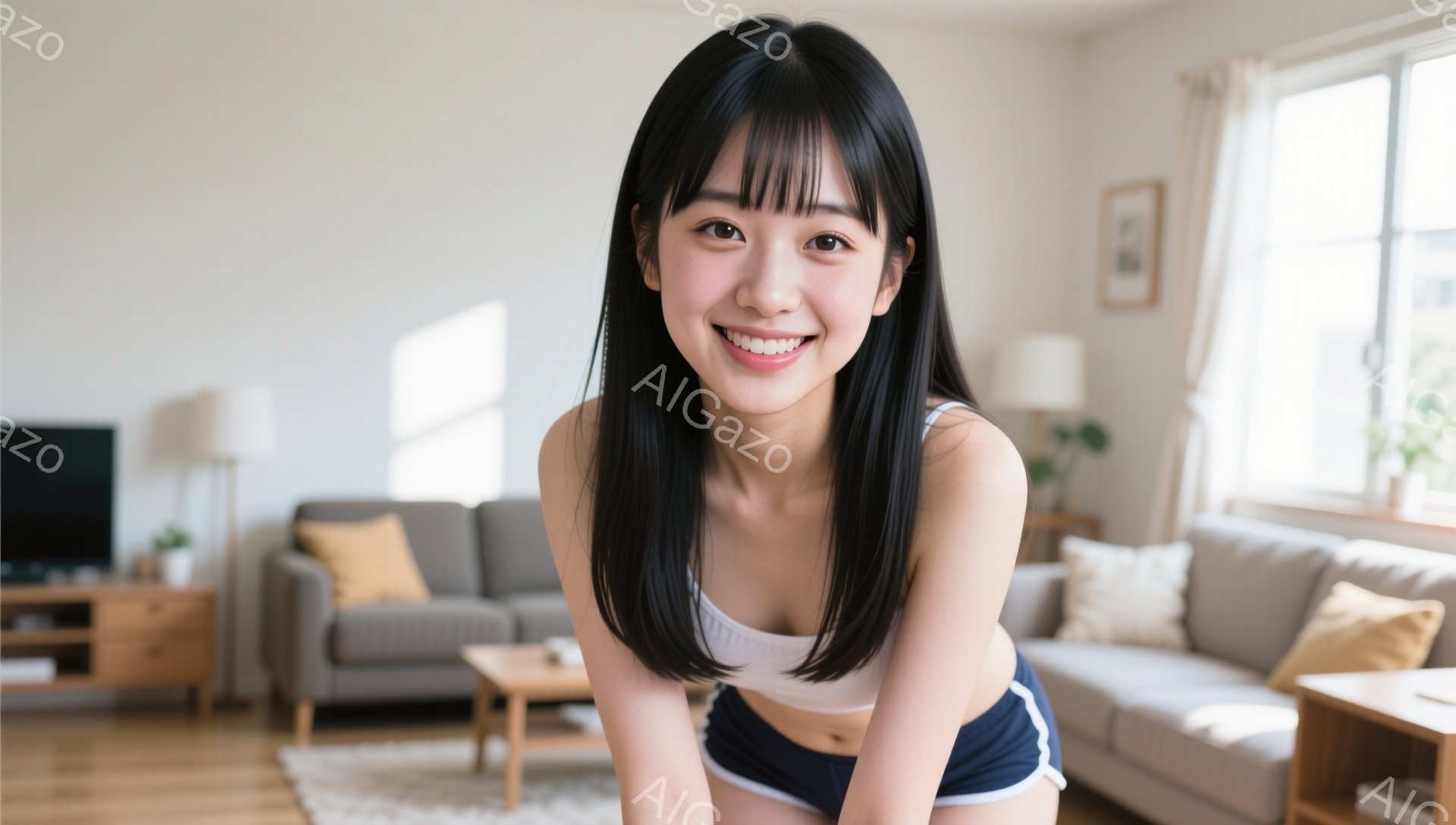長い黒髪をセンターパートにした若い女性が、白いスポーツブラと紺色のショートパンツ姿で正面を見つめて微笑んでいます。彼女は少し腰を落とし、リラックスした姿勢で立っており、背景には明るいリビングルーム、ソファー、コーヒーテーブル、窓からの自然光が見えます。全体的に、健康的で活気に満ちた、親しみやすい雰囲気の画像です。