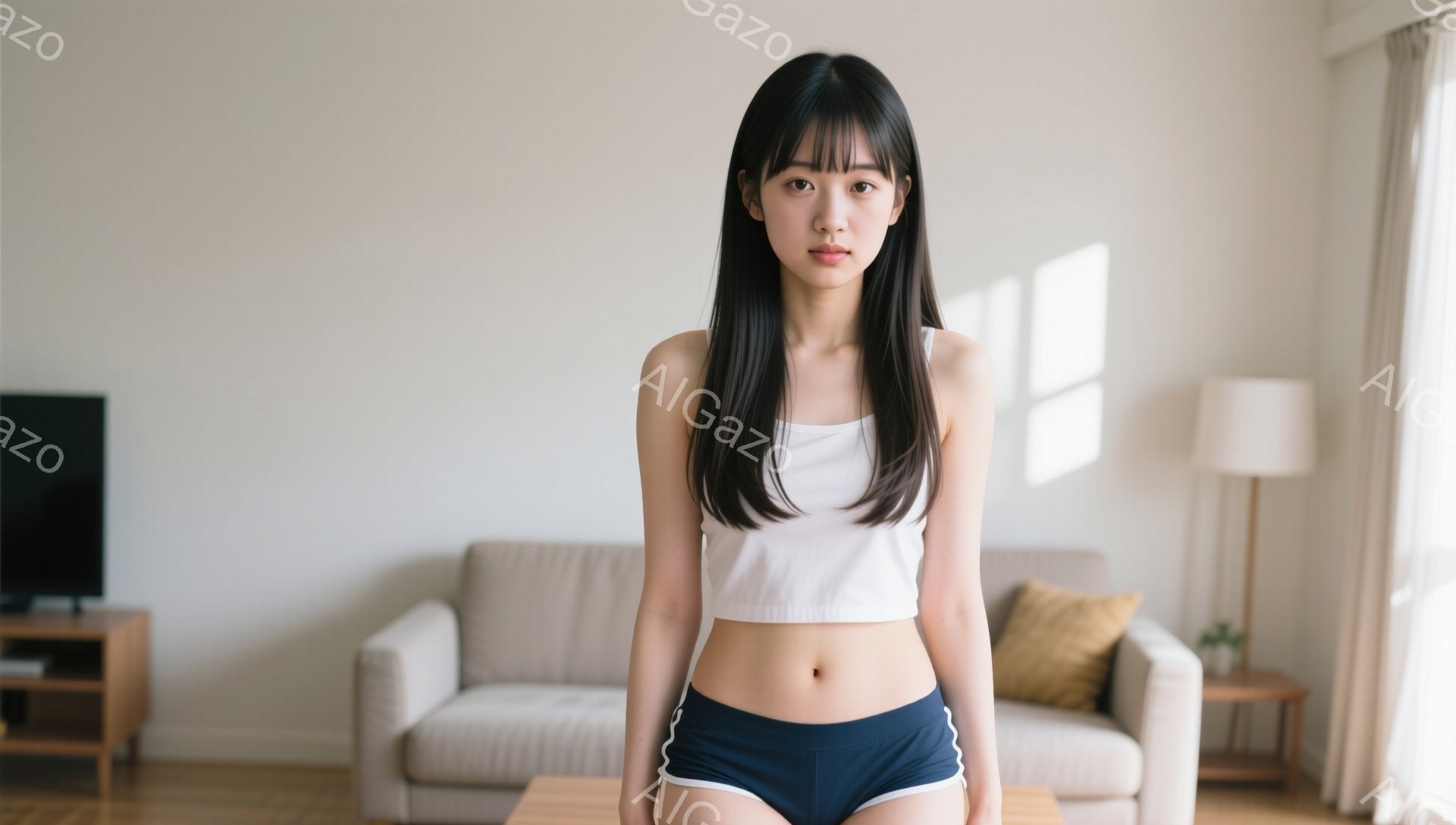 黒髪の女性が白いクロップド丈のトップスと紺色のショートパンツを身につけて立っています。彼女はまっすぐ前を向き、穏やかな表情をしています。背景には、ベージュのソファと木製のローテーブルがあり、自然光が差し込むリビングルームのようです。