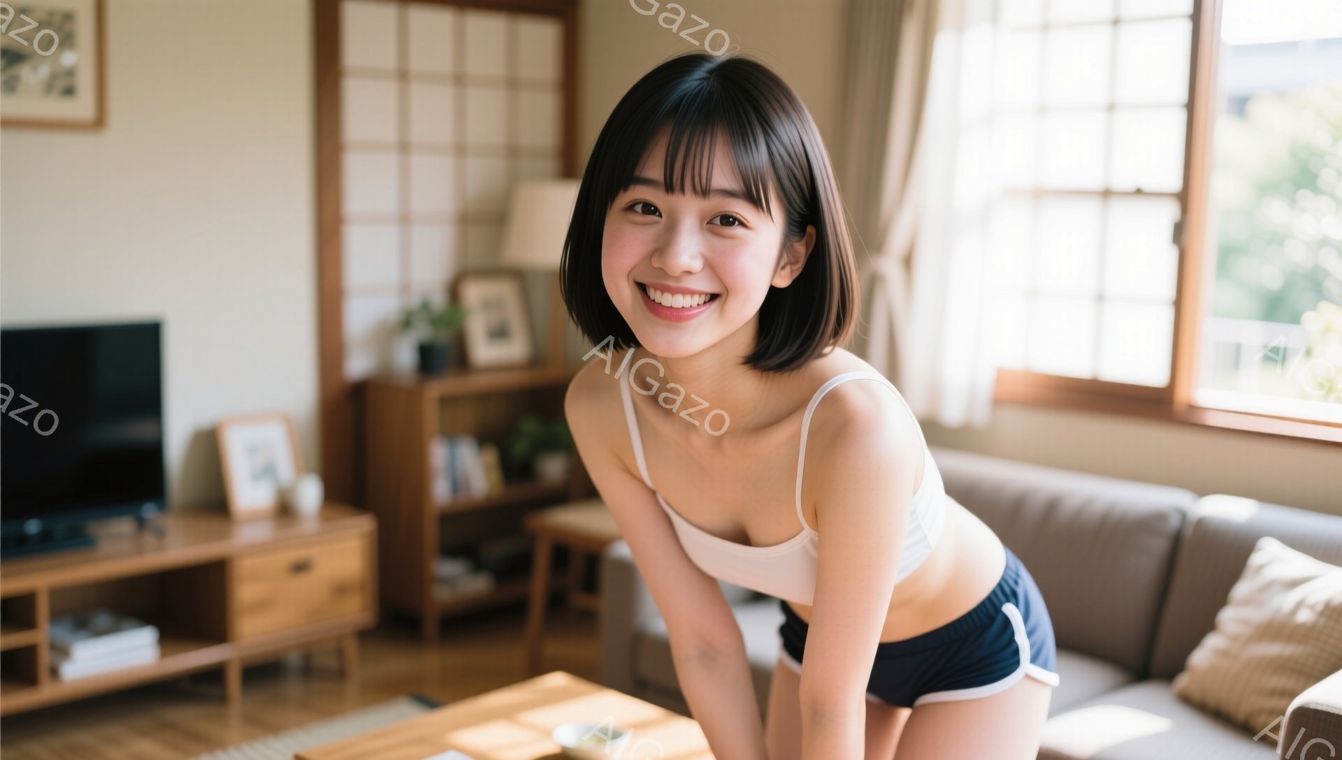 若い女性が白いタンクトップと紺色のショートパンツを着て、笑顔でカメラを見ている。彼女は少し前かがみの姿勢で、膝を曲げている。背景には、木製のキャビネットとソファ、そして窓から差し込む自然光が見え、温か - AI生成フリー素材