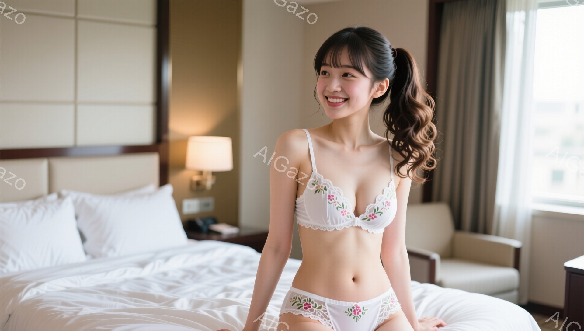 明るい色の内衣を着た若い女性がベッドの上に立っており、白いレースのブラジャーとパンティーは可愛らしい花の模様で飾られています。彼女は髪を高くポニーテールにし、笑顔でカメラに向かってポーズをとっています - AI生成フリー素材