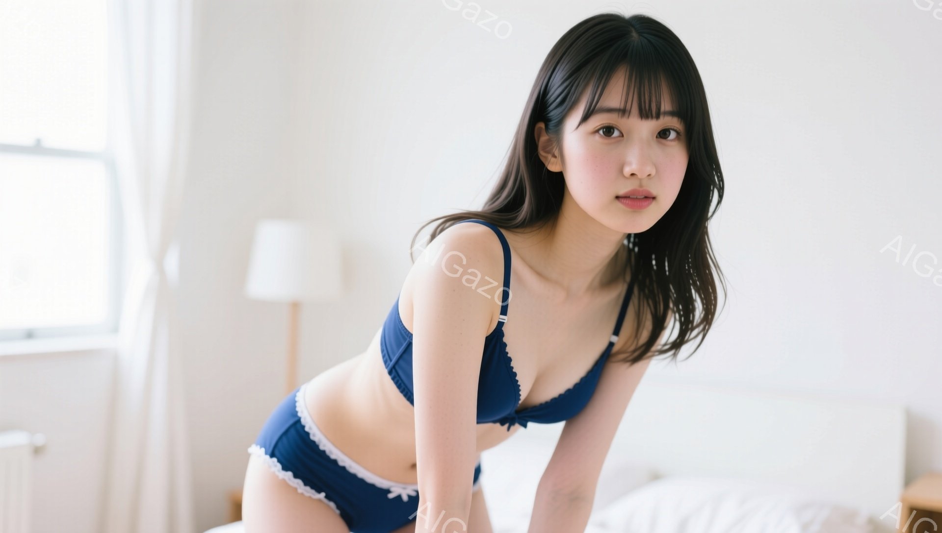 暗い髪の女性が青いランジェリーセットを身に着けてベッドに腰掛け、カメラの方を見て微笑んでいます。彼女は前髪を下ろしたストレートヘアで、穏やかな表情を浮かべています。背景は白を基調とした寝室で、柔らかい - AI生成フリー素材