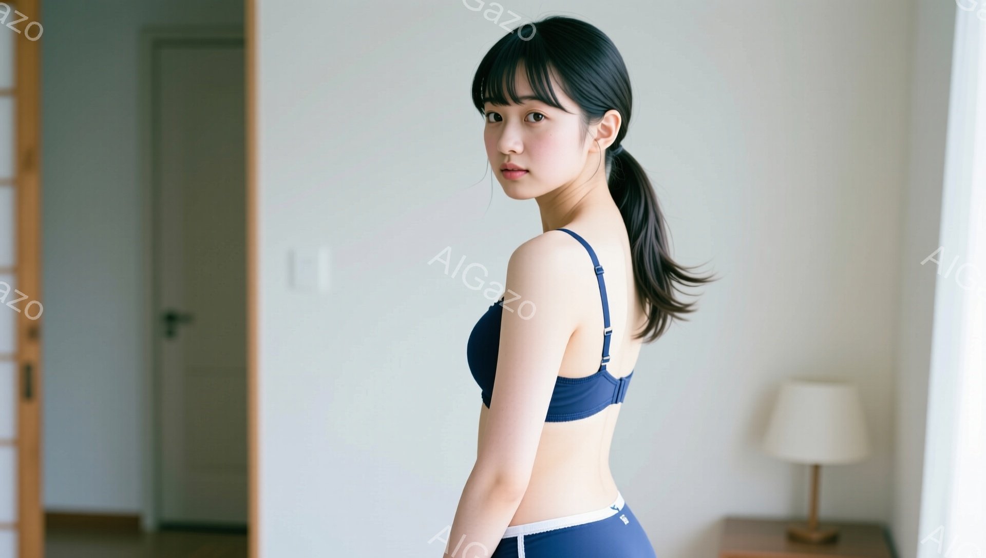 長い黒髪をポニーテールにし、ブルーのブラとショーツ姿の女性が写っています。彼女は少し振り返ってカメラを見ており、穏やかな微笑みを浮かべています。背景はシンプルな室内で、ドアとランプが見え、全体的に柔らかく暖かい雰囲気です。