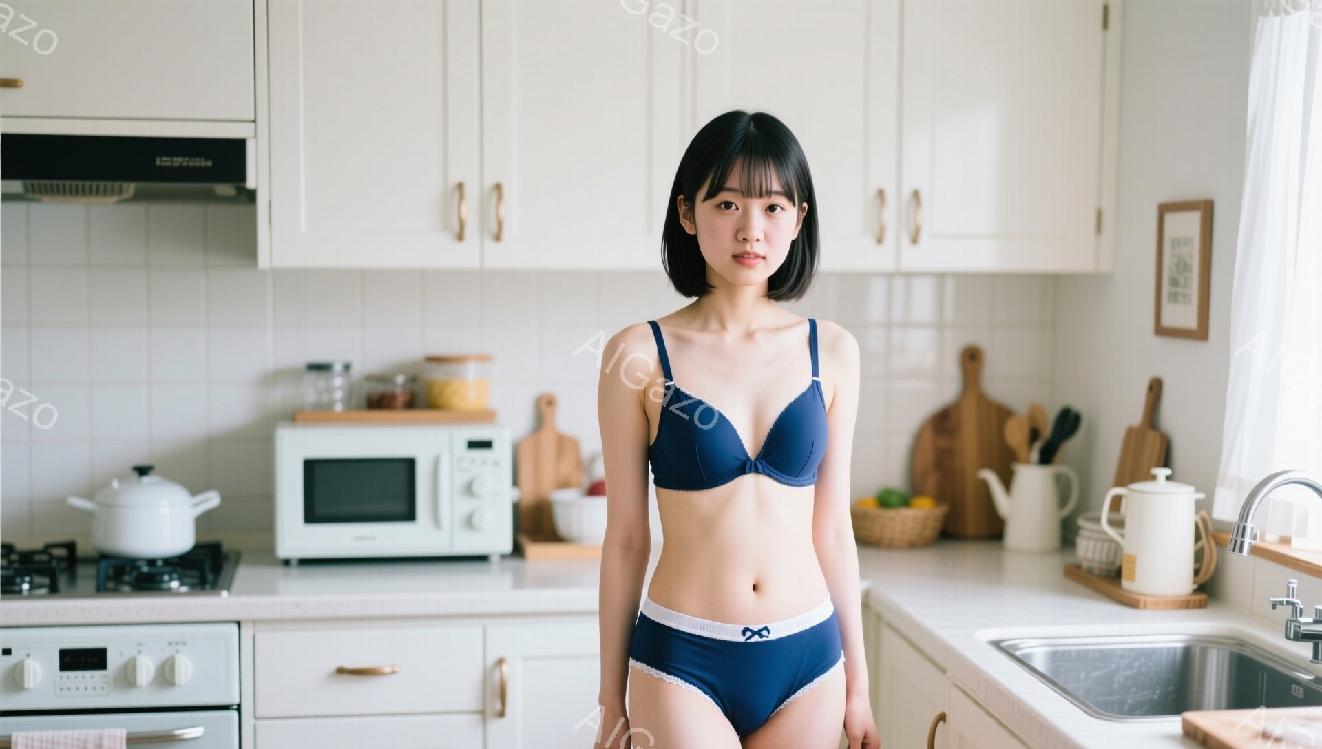 明るいキッチンで、紺色のブラとショーツを身に着けた若い女性が立っています。彼女は前髪を斜めに下ろした黒髪で、表情は穏やかで少し微笑んでいます。背景には、白を基調としたキャビネット、電子レンジ、調理器具 - AI生成フリー素材