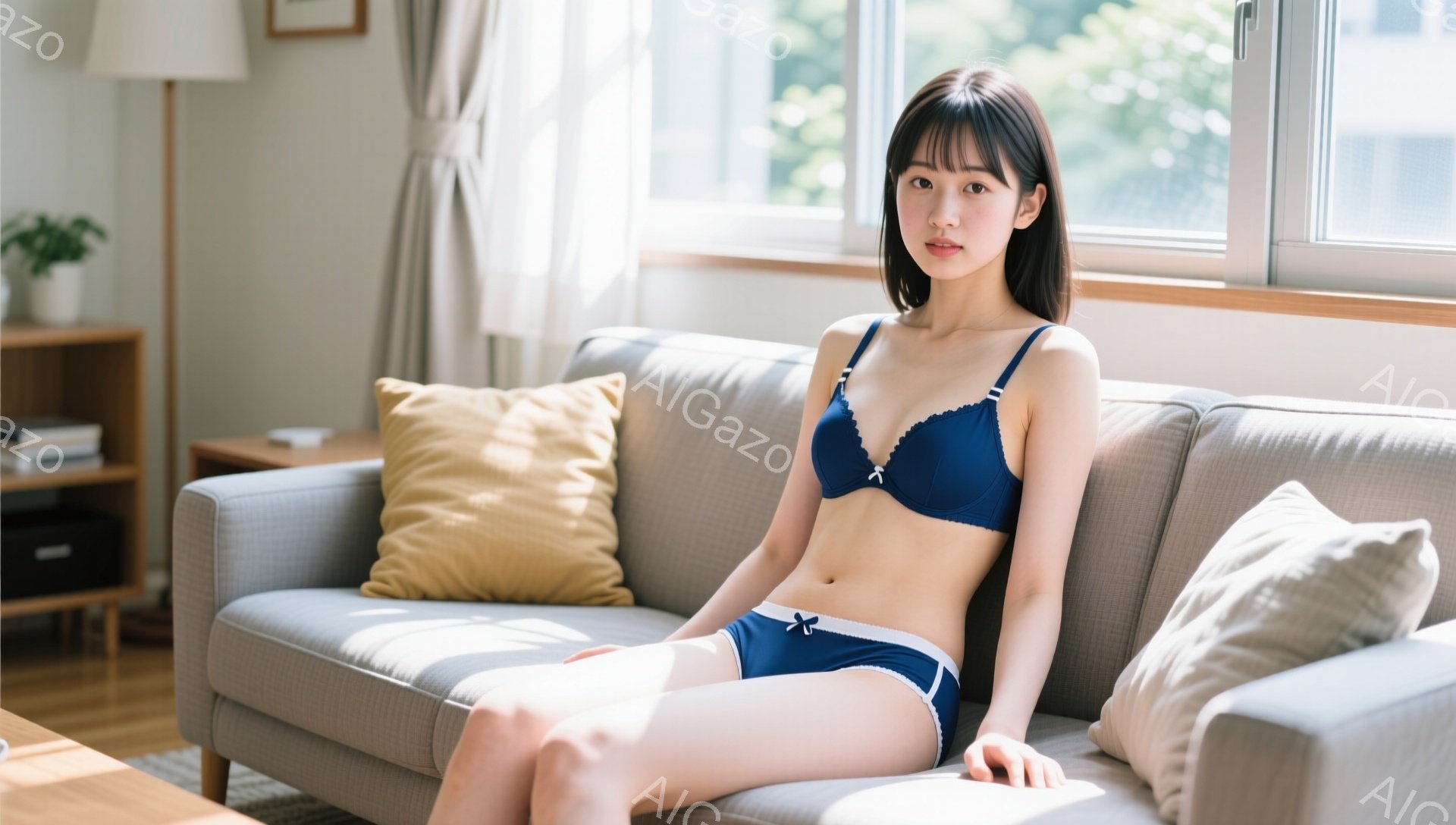 長い黒髪で前髪のある若い女性が、明るいリビングルームの灰色のソファに座っています。彼女は濃い青色のブラとショーツのセットを着用し、足を組んでリラックスした表情をしています。背景には、窓からの自然光が差 - AI生成フリー素材