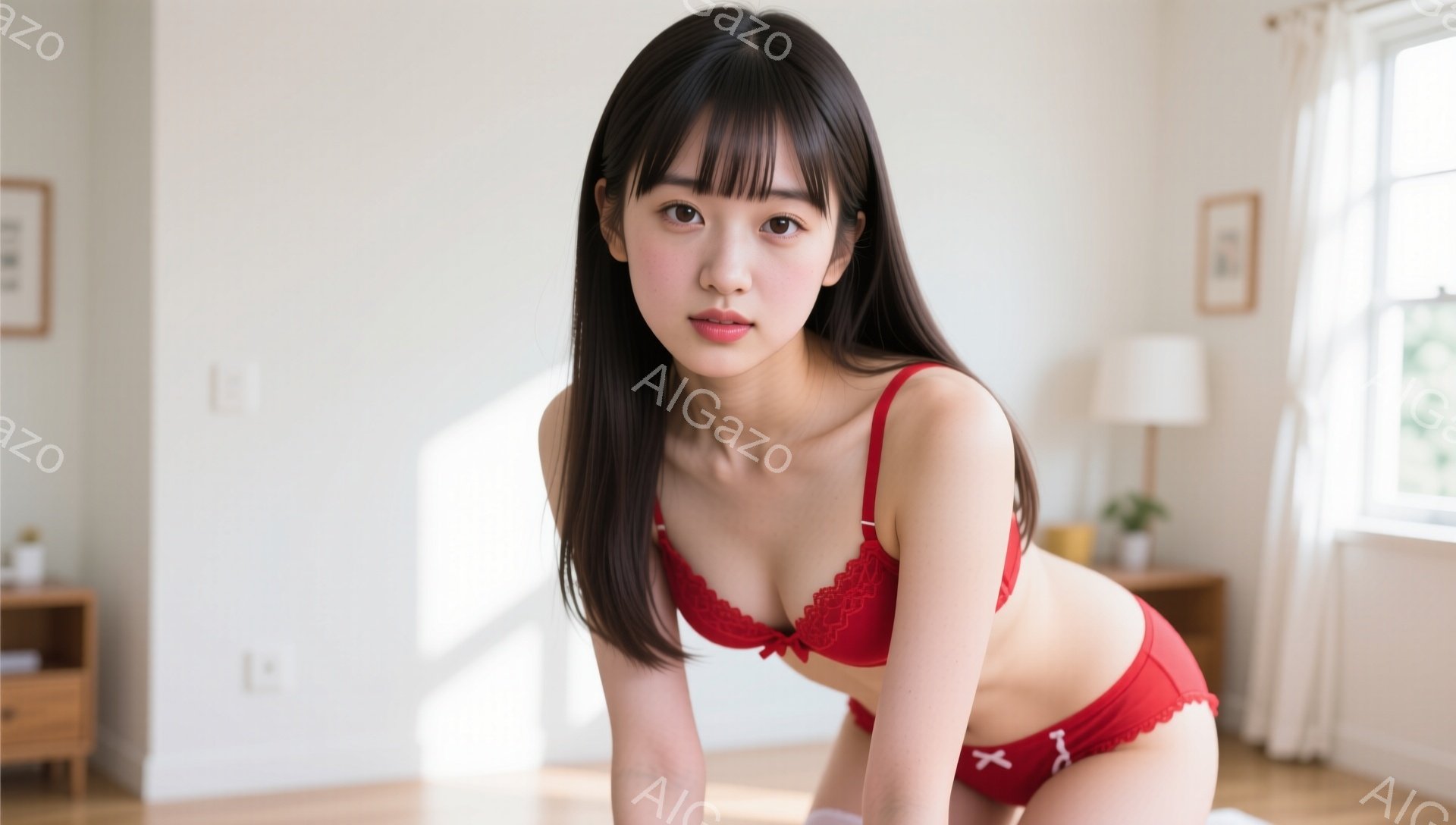 長い黒髪で前髪は眉毛にかかる程度にカットされた女性が、赤いレースのブラとショーツを着用して、床に膝をついてポーズを取っています。彼女はカメラに向かって少し微笑んでおり、背景には木製の家具と窓から差し込 - AI生成フリー素材