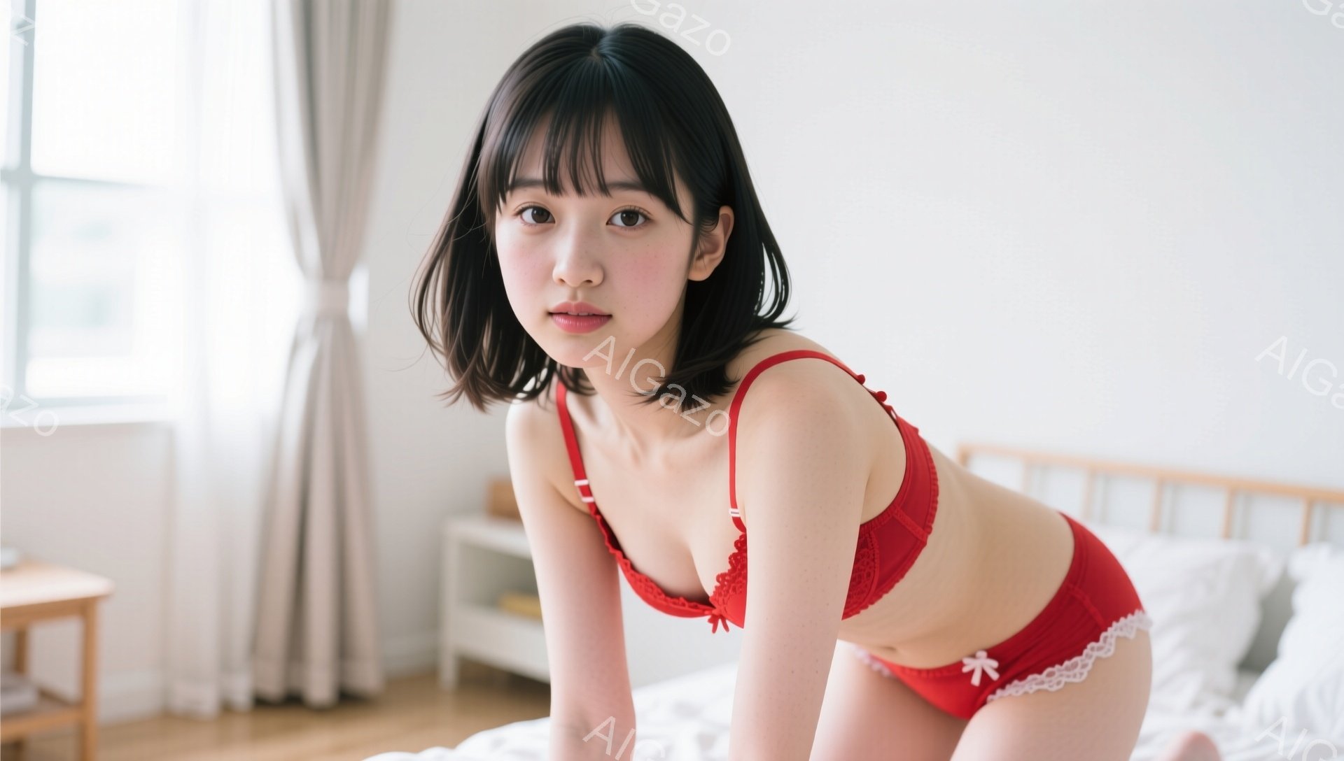 黒髪のショートヘアで、前髪が目の上にかかる女性が写っている。彼女は赤いレースのブラジャーとショーツを身につけ、ベッドの上で少し体を起こしたポーズを取っている。背景には木製のベッドと白を基調とした部屋、窓の外には建物が見える。