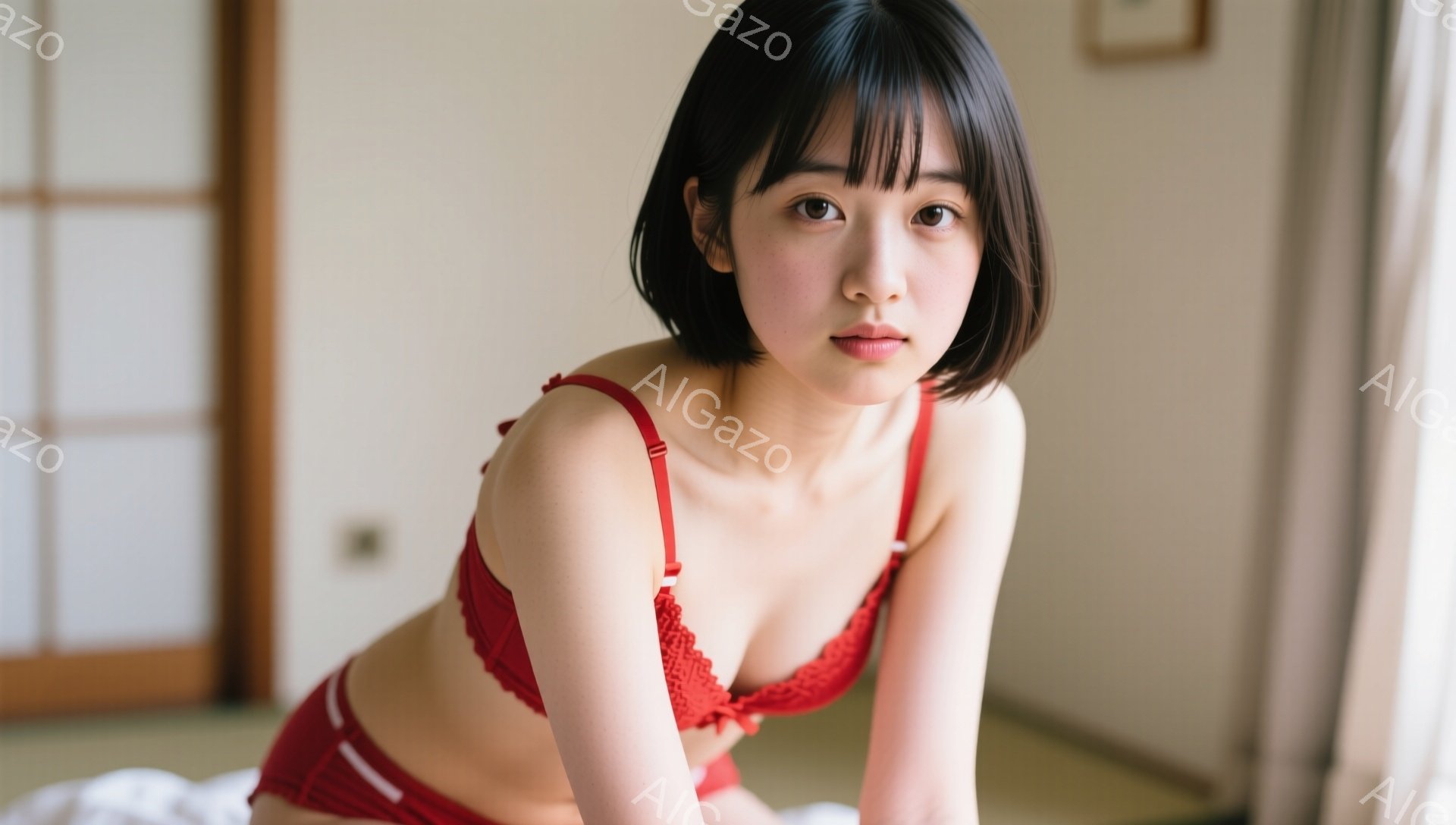 ショートカットの黒髪女性が、赤いレースのブラとショーツ姿でカメラを見つめている。彼女は少し微笑んでおり、リラックスした雰囲気で膝を曲げて床に座っている。背景には畳と障子があり、室内で撮影された穏やかな - AI生成フリー素材