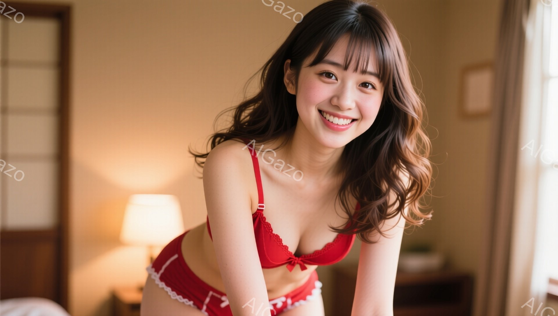 明るい室内で、茶髪の女性が赤いブラジャーとショーツのランジェリー姿で微笑んでいます。彼女は少し体を丸め、片手を腰に当ててカメラを見ています。背景には木製の家具や間接照明が見え、暖かくリラックスした雰囲 - AI生成フリー素材