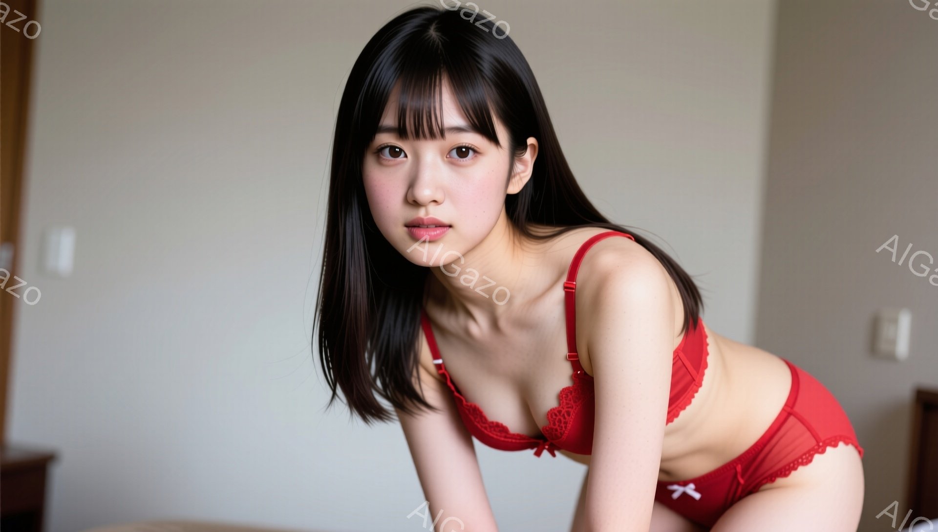 鮮やかな赤色のレースのブラとショーツを身につけた若い女性が写っています。彼女は長い黒髪で、前髪は眉毛にかかるようにカットされています。女性はわずかに顔を近づけ、少し微笑み、体のラインが強調されたポーズをとっています。