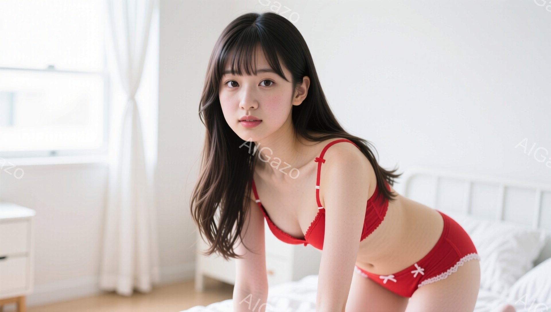 長い黒髪で前髪が目にかかる女性が、赤いブラとショーツのランジェリー姿でベッドに座っています。彼女は少し体を丸め、カメラに向かって微笑んでいます。背景には白い壁とベッド、そして窓から差し込む自然光が見え - AI生成フリー素材