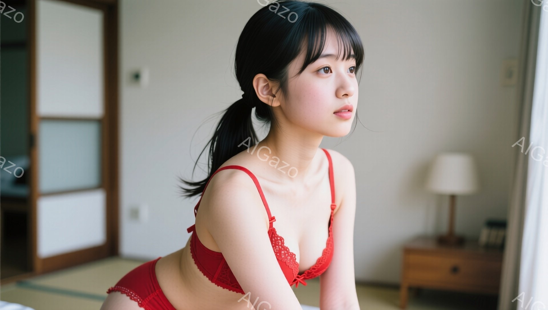 長い黒髪をハーフアップにし、赤いレースのブラとショーツを身につけた女性が写っている。彼女は横を向き、少し憂いを帯びた表情で何かを見つめているようだ。畳の部屋で、木製の家具と障子が背景にあり、穏やかでプライベートな雰囲気が漂っている。