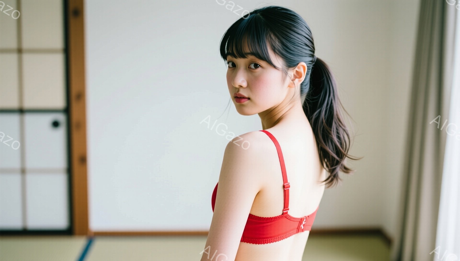 黒髪をポニーテールにした若い女性が、赤いブラレット姿でこちらを見ている。彼女は少し微笑んでおり、姿勢はまっすぐで自信に満ち溢れているように見える。背景には襖のような日本の伝統的な装飾が見え、室内で撮影されたことがわかる。