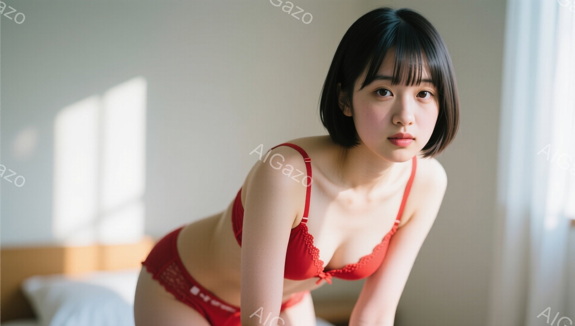 鮮やかな赤色のランジェリーを着た若い女性が、白いベッドの上に座っています。彼女は黒髪のボブヘアで、少し微笑んだ表情をしています。背景は明るい部屋の一部で、自然光が差し込んでおり、リラックスした雰囲気を - AI生成フリー素材