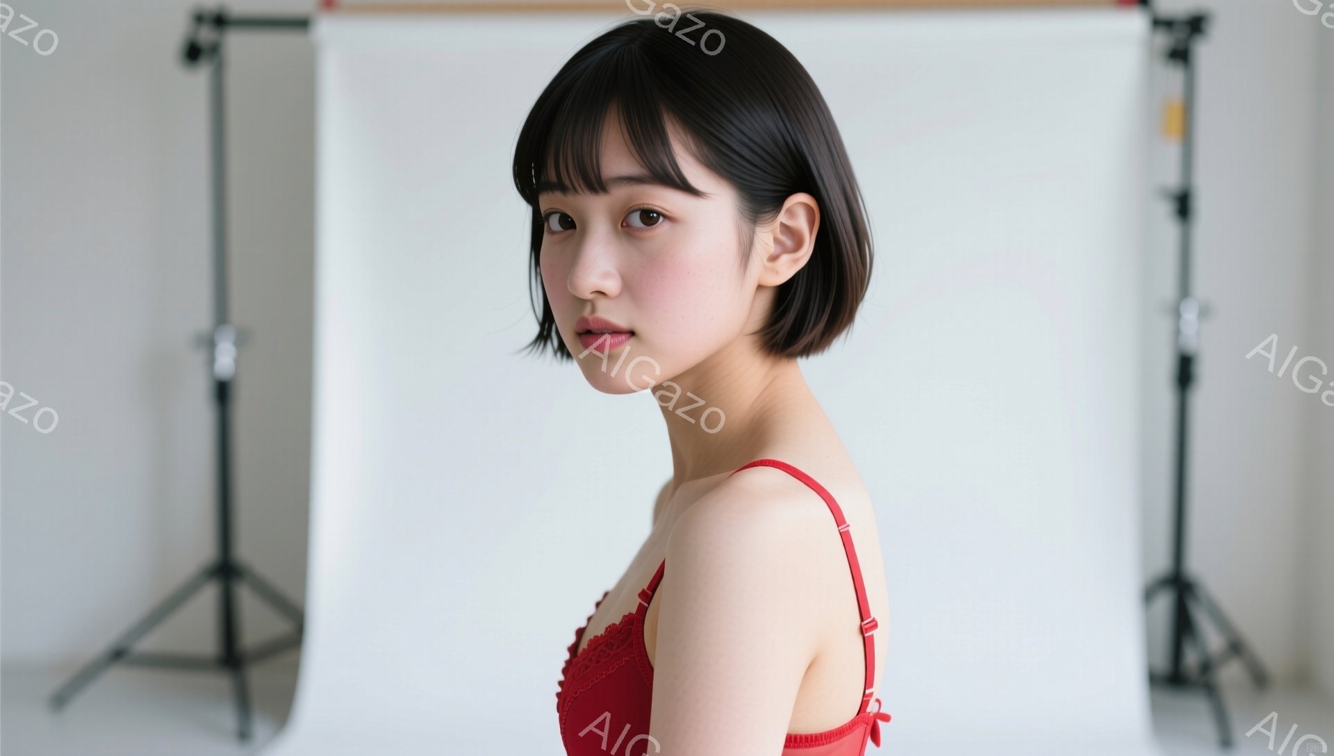 茶髪のボブヘアで、前髪は眉毛にかかるくらいにカットされた若い女性が写っている。赤いレースのキャミソールを着用し、少し微笑んでカメラを見つめている。背景は白い壁とスタンドライトで、スタジオ撮影の雰囲気である。