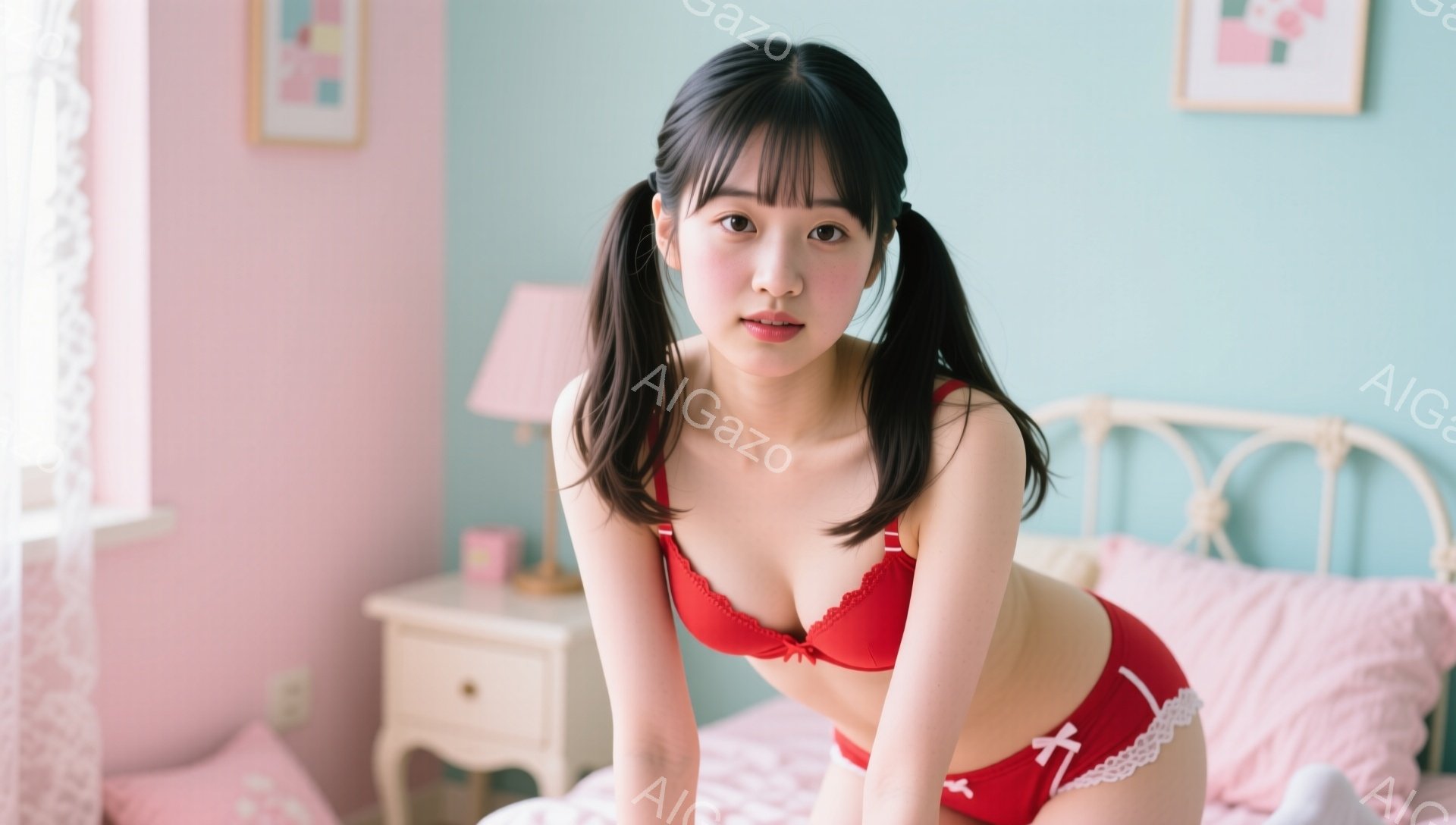 黒髪でツインテールにした若い女性が、赤いブラとショーツのランジェリー姿でベッドの上に立っています。彼女は少し微笑んでおり、カメラを見つめています。背景にはピンク色の壁、小さなナイトスタンド、そして穏や - AI生成フリー素材