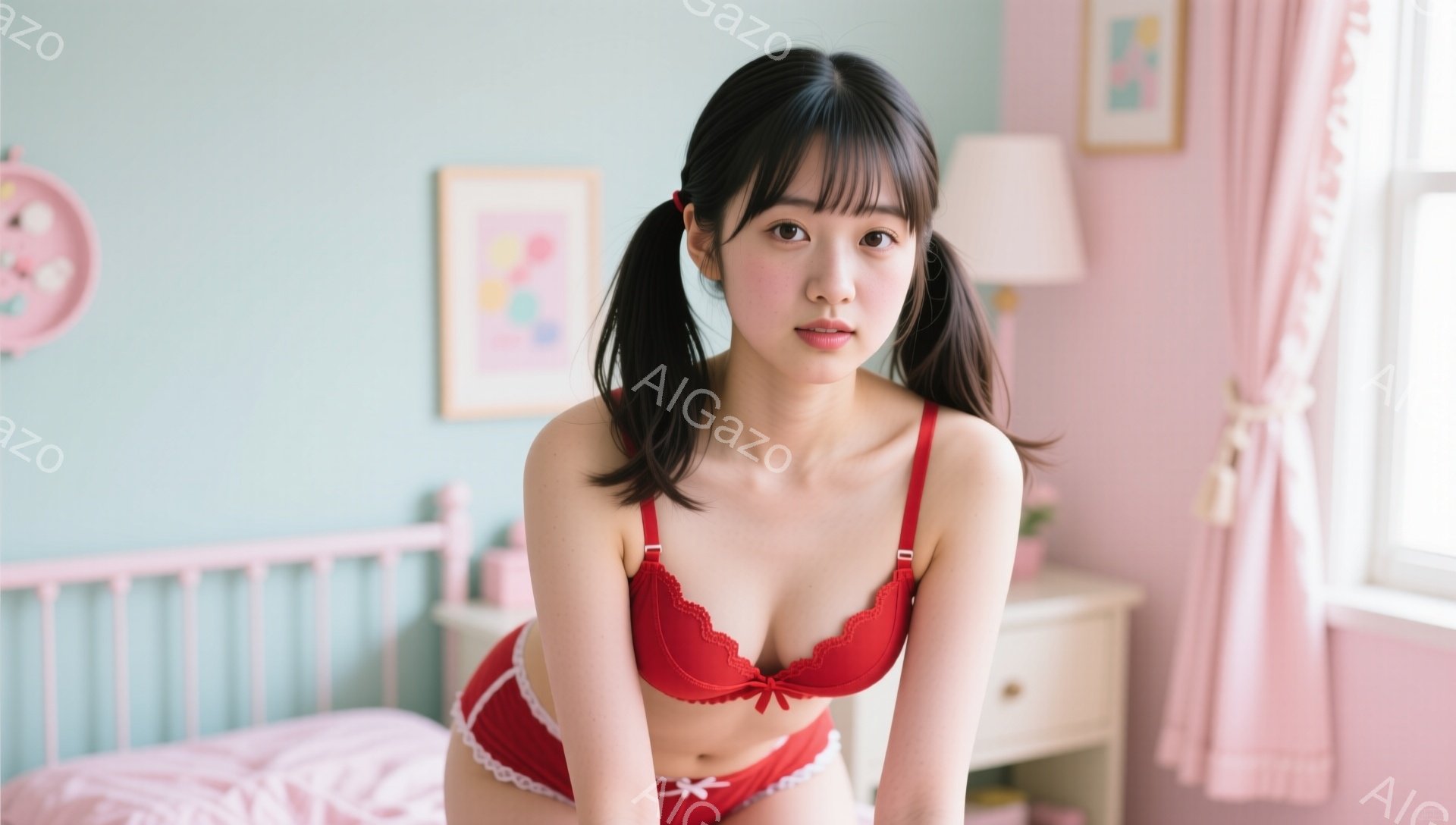 黒髪のツインテールに、赤いブラジャーとショーツ姿の若い女性が写っています。彼女はわずかに微笑み、少し恥ずかしそうな表情でカメラを見ています。背景には、ピンク色のベッドや家具、淡い緑色の壁があり、明るく - AI生成フリー素材