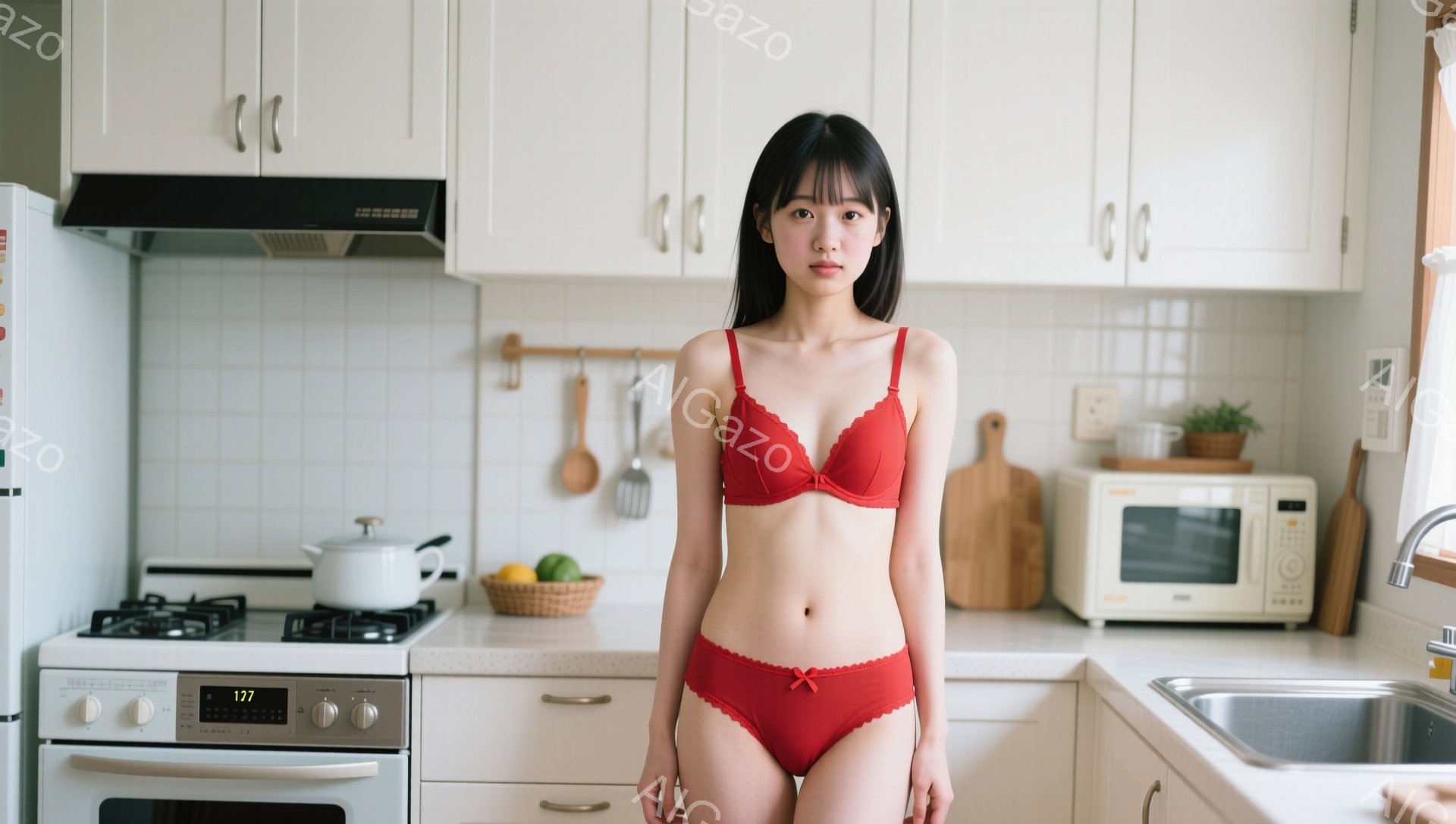 赤いブラとショーツを着用した若い女性がキッチンに立っている。彼女は長い黒髪で、表情は落ち着いており、少し微笑んでいるように見える。背景には白を基調としたキッチン設備、調理器具、果物などが配置され、全体 - AI生成フリー素材