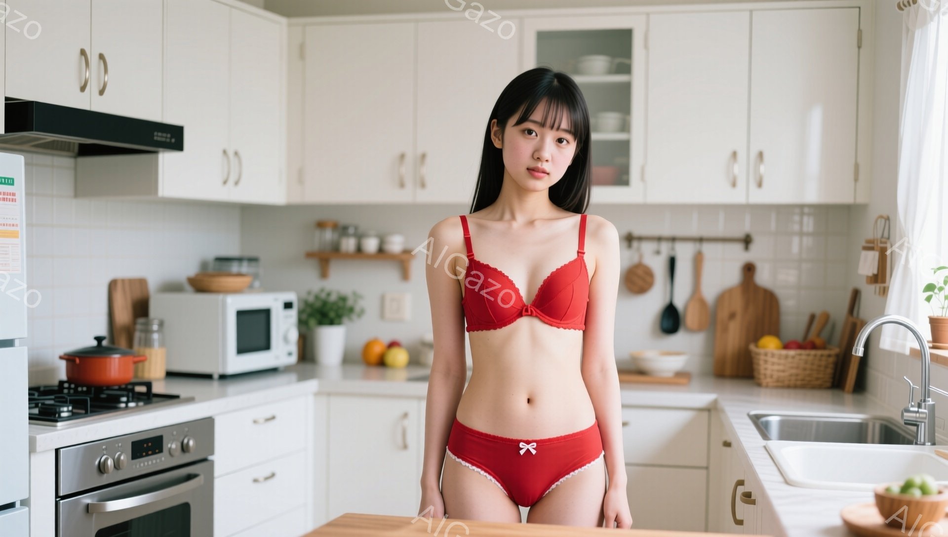 明るいキッチンを背景に、赤いブラとショーツを身につけた若い女性が立っています。黒髪のボブヘアで、少し微笑んだ表情をしています。キッチンのカウンターには果物や調味料が置かれ、白を基調とした清潔感のある空間です。