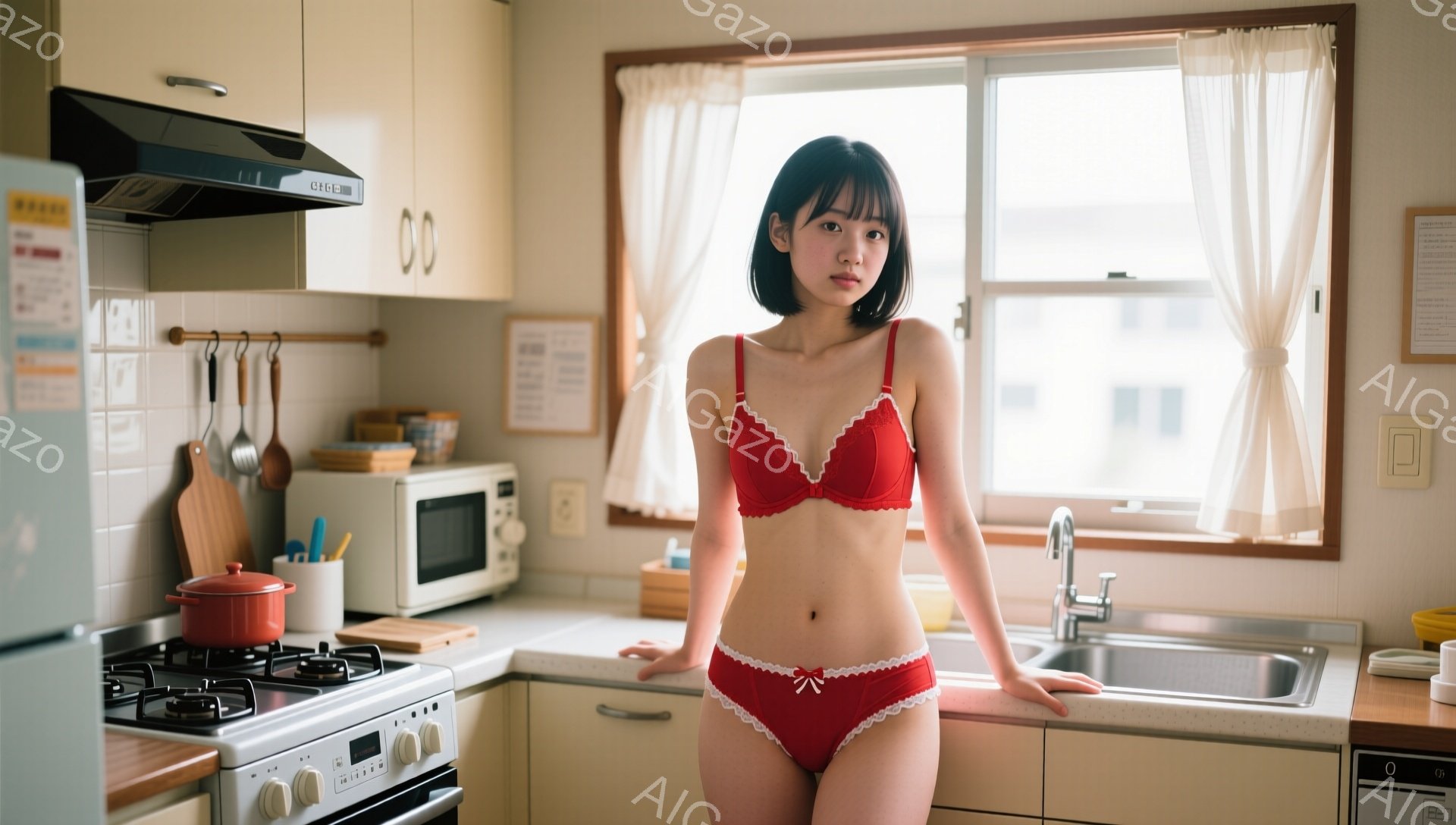 明るいキッチンを背景に、赤いブラジャーとショーツを身につけた若い女性が立っている。彼女は黒髪で、少し微笑んだ表情で、両手を腰に当ててポーズをとっている。背景には、ガスコンロ、シンク、窓があり、家庭的な - AI生成フリー素材