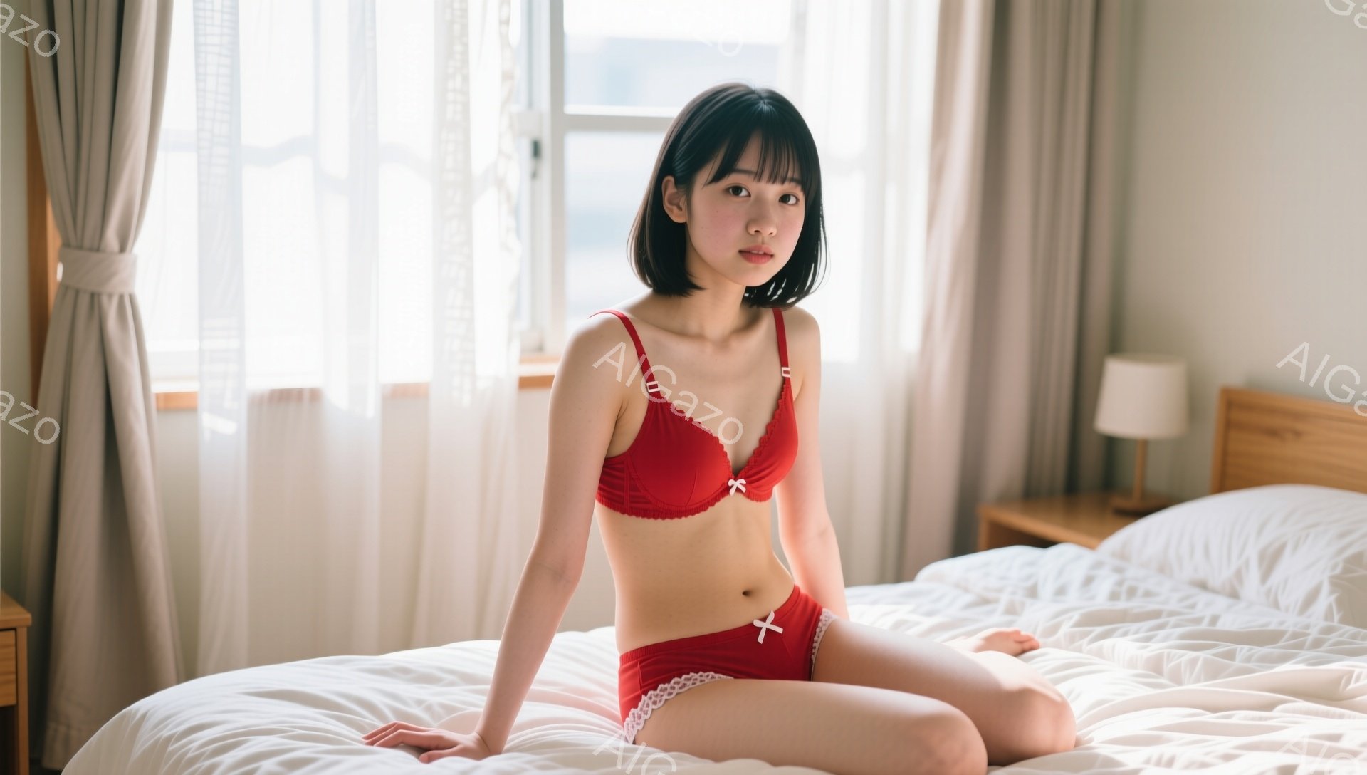 短い黒髪の女性が、赤いブラジャーとショーツのランジェリー姿でベッドに座っています。彼女は少し微笑んでおり、リラックスした表情をしています。背景は白いベッドリネンと薄いカーテンで、部屋全体が明るく穏やか - AI生成フリー素材