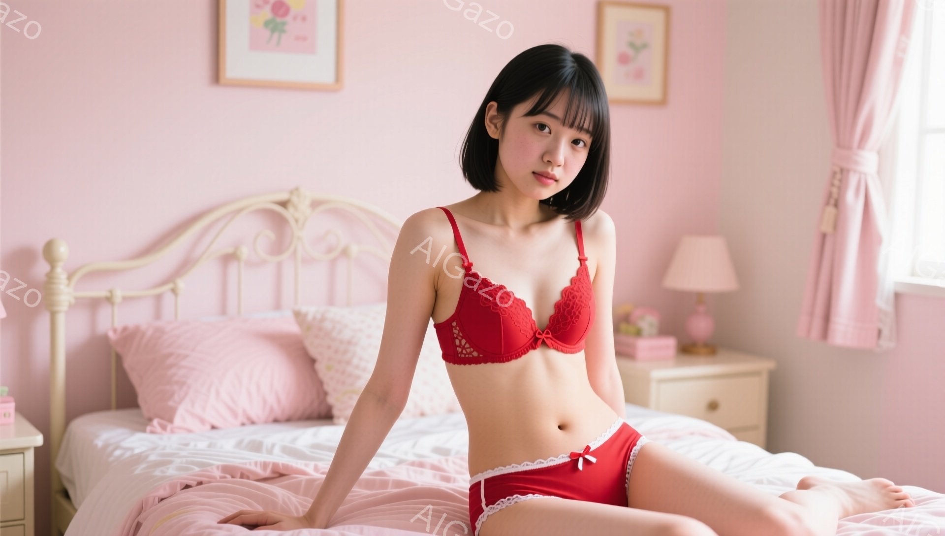明るいピンク色の寝室に、赤いランジェリーを着た若い女性がベッドに座っています。彼女は黒髪で前髪を下ろしており、少し微笑みながらカメラを見つめています。背景には、花柄の絵や可愛らしいランプのあるナイトス - AI生成フリー素材