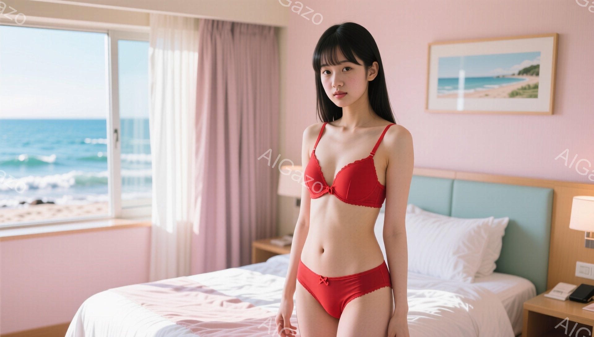 赤い下着を着た若い女性がベッドルームに立っています。彼女は黒髪で前髪があり、落ち着いた表情をしています。背景には、窓から見える海と、絵画が飾られた壁、そしてシンプルで明るい内装のホテルの一室が見えます。
