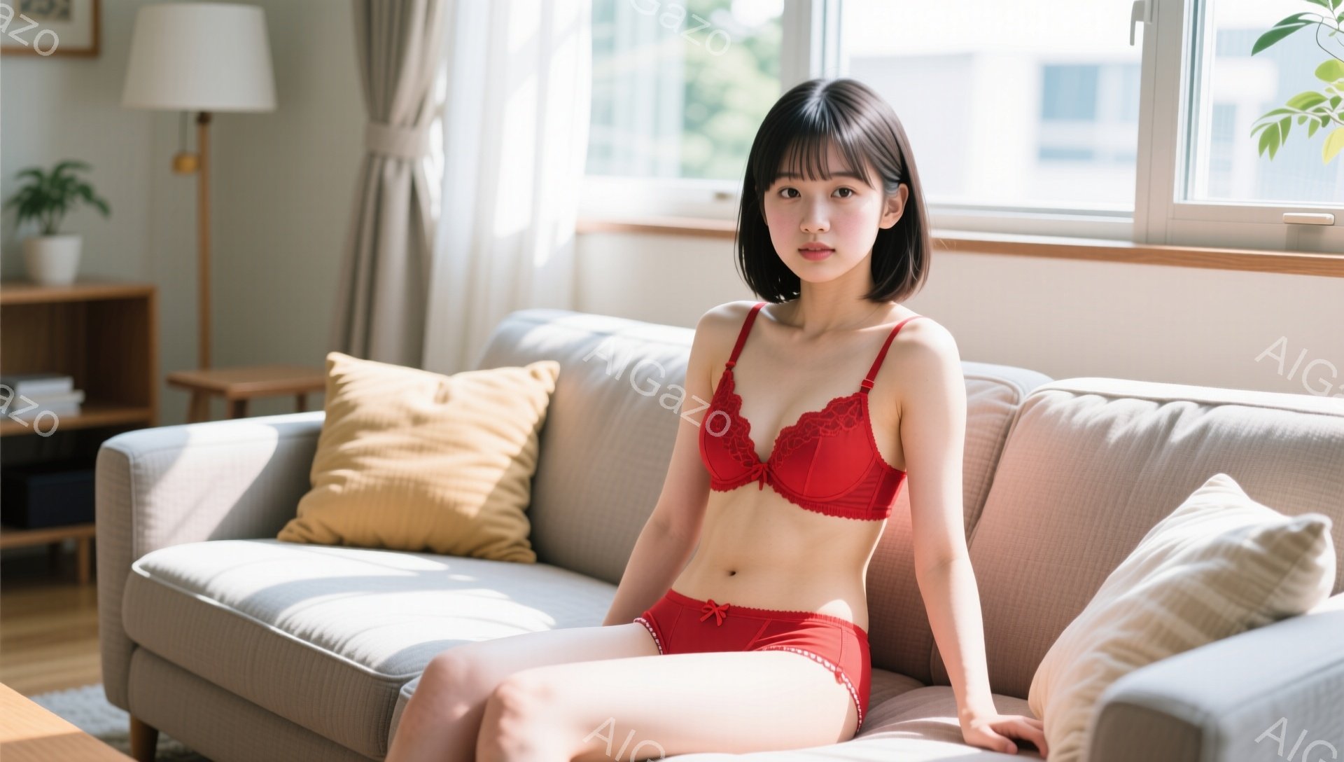 明るいリビングルームのソファに座る若い女性が写っています。彼女は赤いレースのブラとショーツ姿で、長い黒髪はストレートで肩にかかっています。表情は穏やかで、リラックスした姿勢で膝を曲げて座っています。