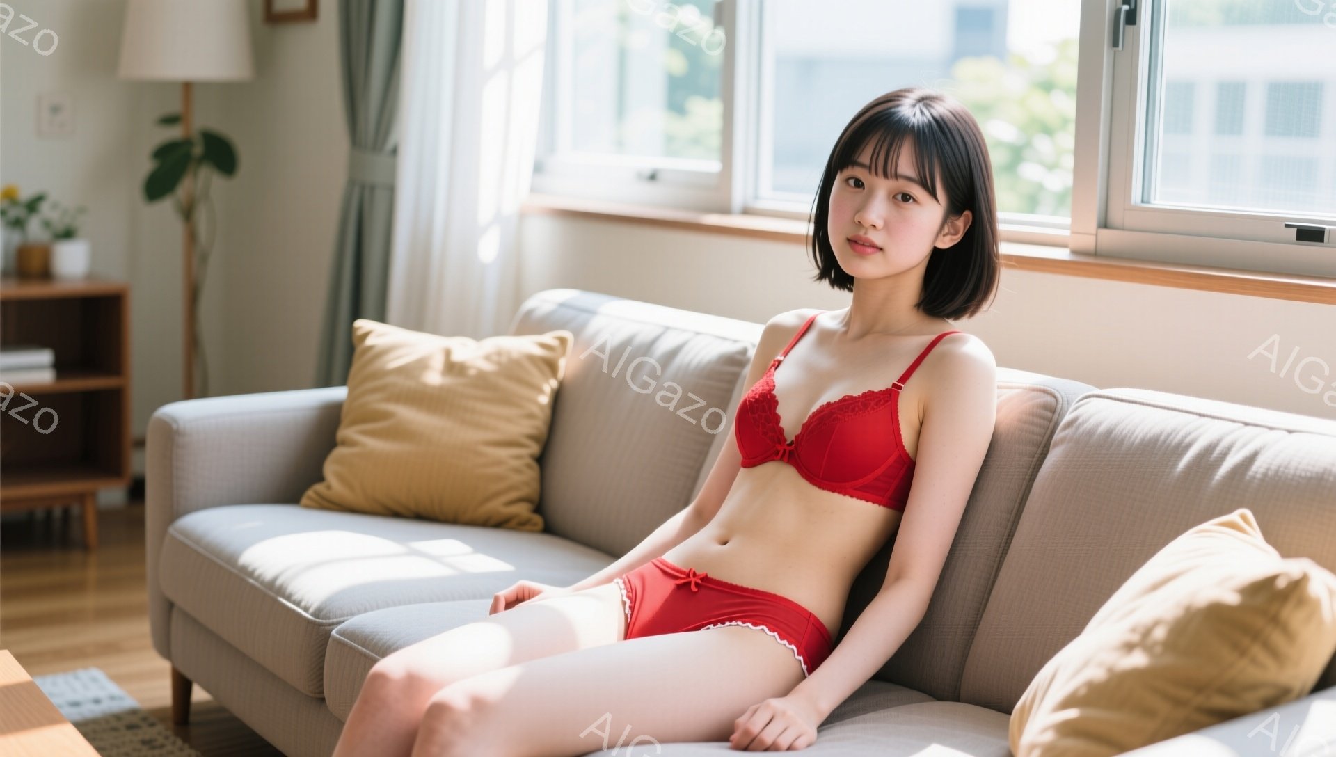 室内でソファに座っている若い女性が写っています。彼女は赤いレースのブラとショーツを身に着け、黒いショートヘアで、穏やかな表情を浮かべています。背景には窓からの自然光、明るい壁、そして控えめな家具が見え - AI生成フリー素材