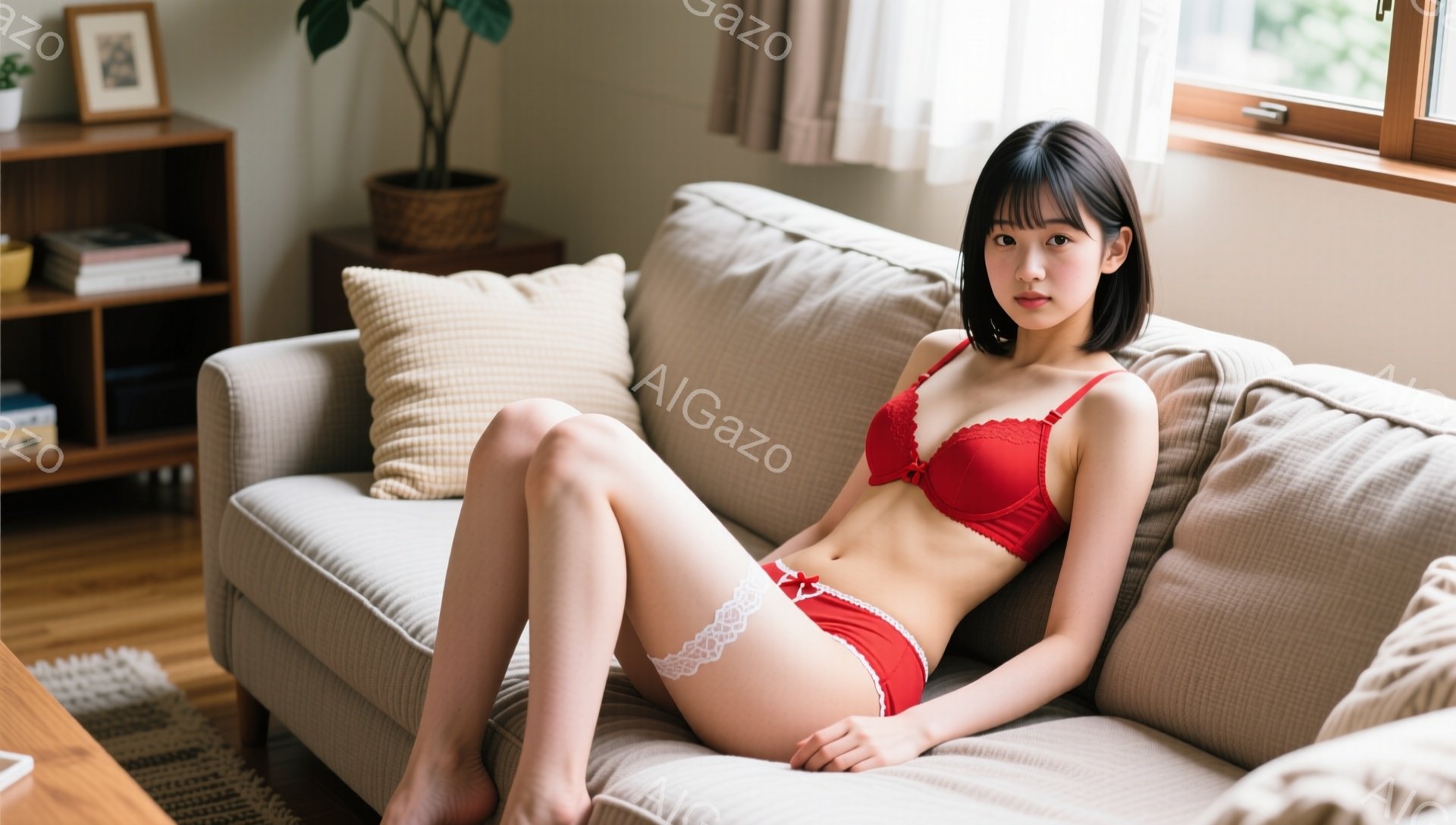 長い黒髪で、前髪は眉毛にかかるくらいにカットされた若い女性が、ベージュ色のソファに横たわっています。赤いブラとショーツを着用しており、リラックスした表情で足を組んで座っています。背景には木製の棚と植物 - AI生成フリー素材