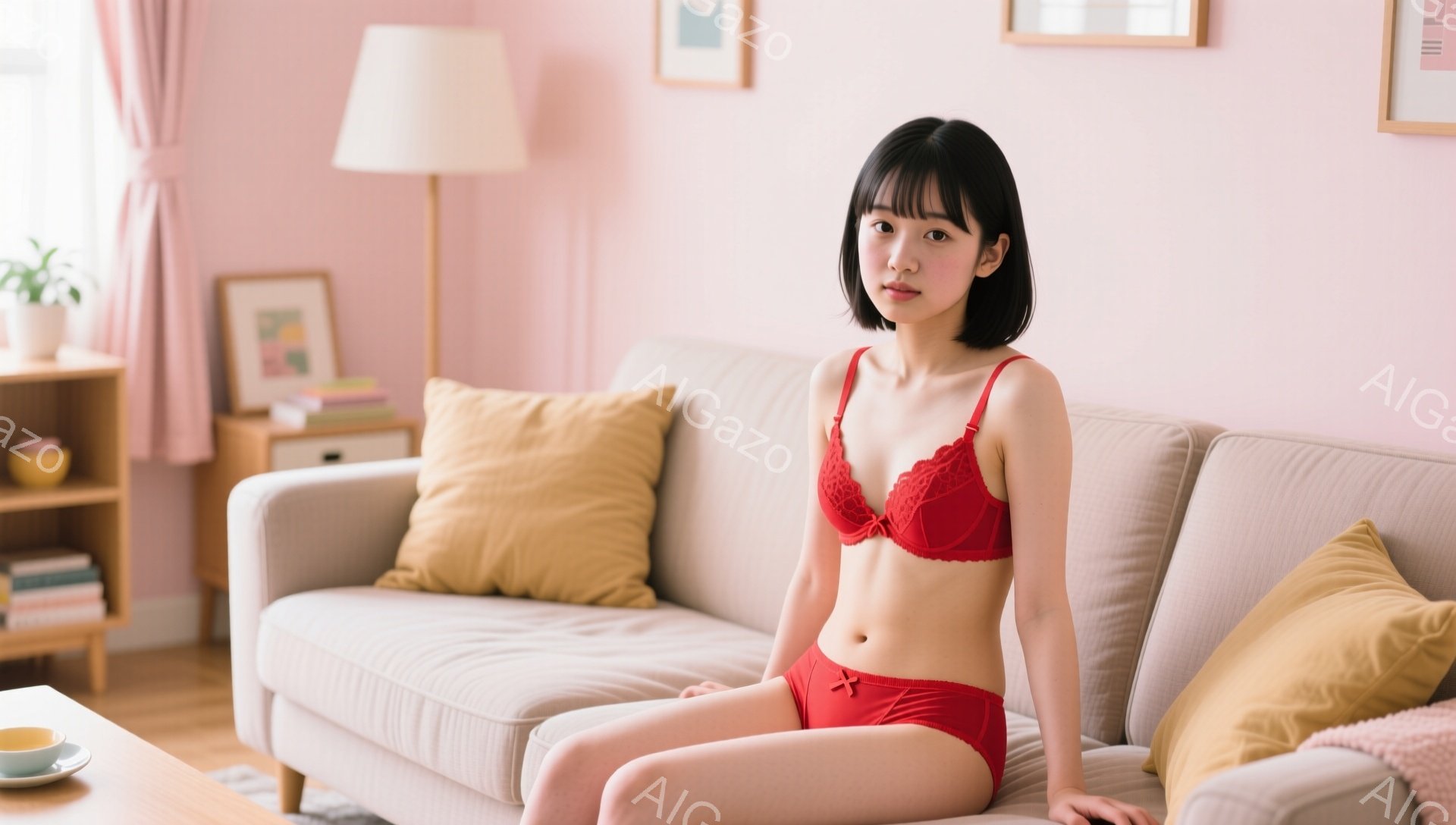明るいピンク色の壁を背景に、女性がベージュ色のソファに座っています。彼女は赤いレースのブラとショーツを身に着けており、黒髪のボブスタイルで、穏やかな表情をしています。背景には木製のキャビネットやクッシ - AI生成フリー素材