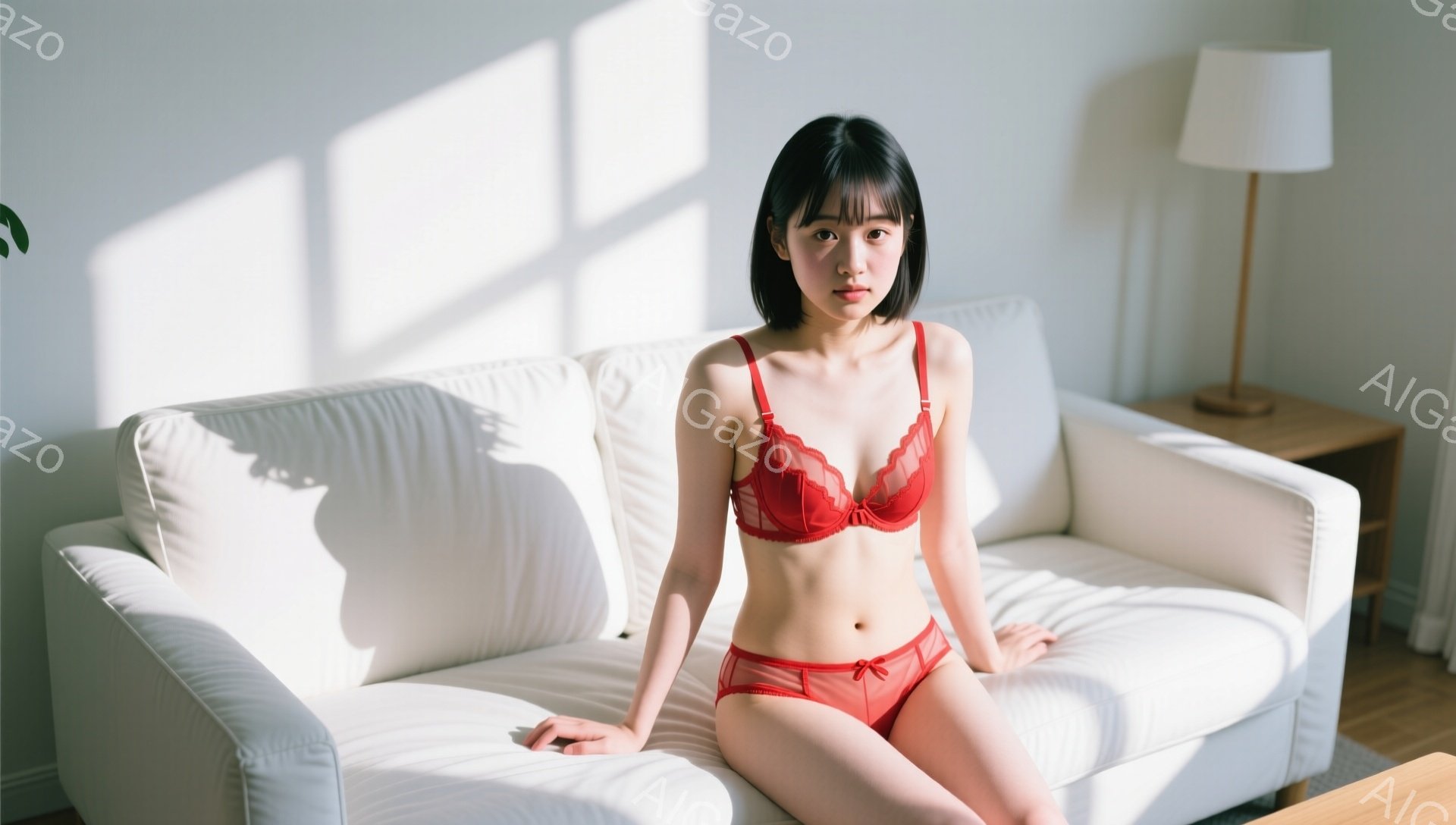 明るい室内で、赤い下着姿の若い女性が白いソファーに座っています。肩まで届く黒髪で、前髪は眉毛にかかるようにカットされています。表情は控えめで、リラックスしたポーズでソファーに浅く腰掛けています。 - AI生成フリー素材