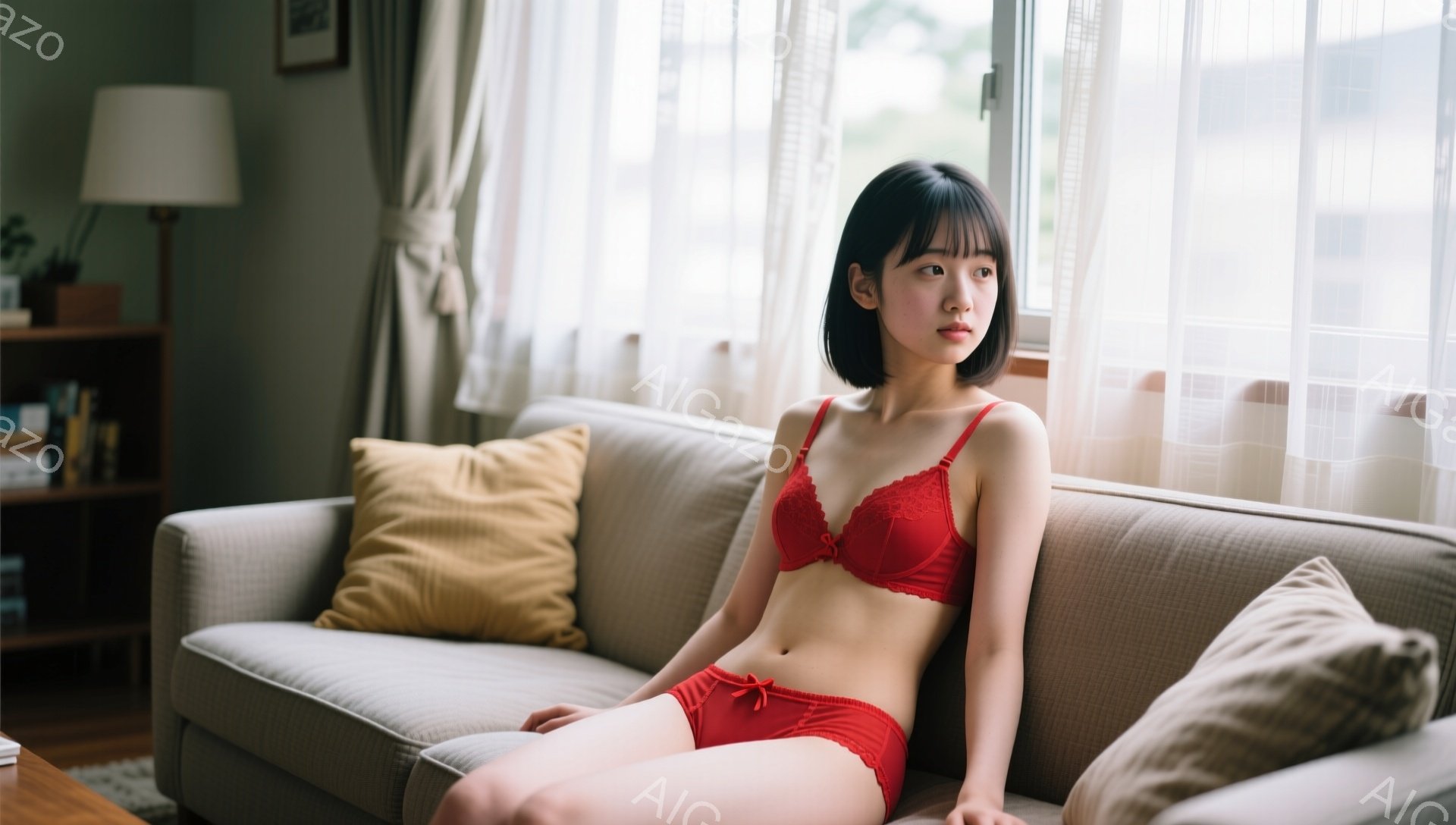 短い黒髪の女性が、グレーのソファに座っています。赤いレースのブラジャーとショーツ姿で、少し憂いを帯びた表情をしています。背景には白いカーテンと木製の家具が見え、部屋全体が柔らかい光に包まれています。 - AI生成フリー素材