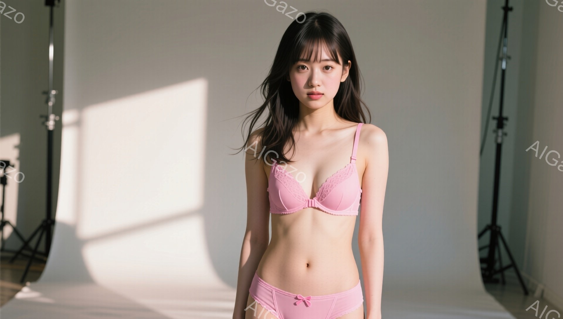 長い黒髪の女性が、薄いピンク色のブラジャーとショーツのセットを着用して立っている。彼女は少し微笑み、まっすぐ前を見つめており、姿勢は自然でリラックスしている。背景は白いスタジオで、いくつかのライトスタンドが見える。