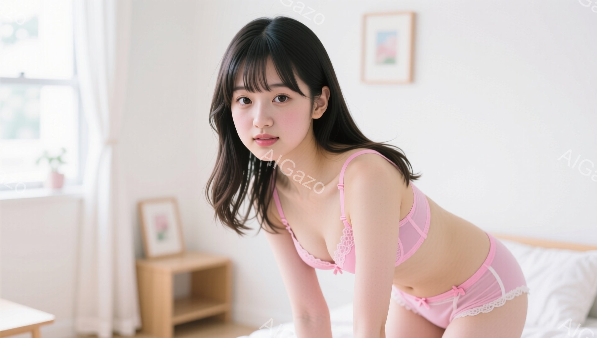 長い黒髪で前髪が眉毛にかかる女性が、ピンクのレースのブラとショーツのセットを身につけてベッドに腰掛けている。彼女は少し微笑んでおり、視線はカメラに向いている。背景には薄いピンクの壁、木製のナイトスタン - AI生成フリー素材