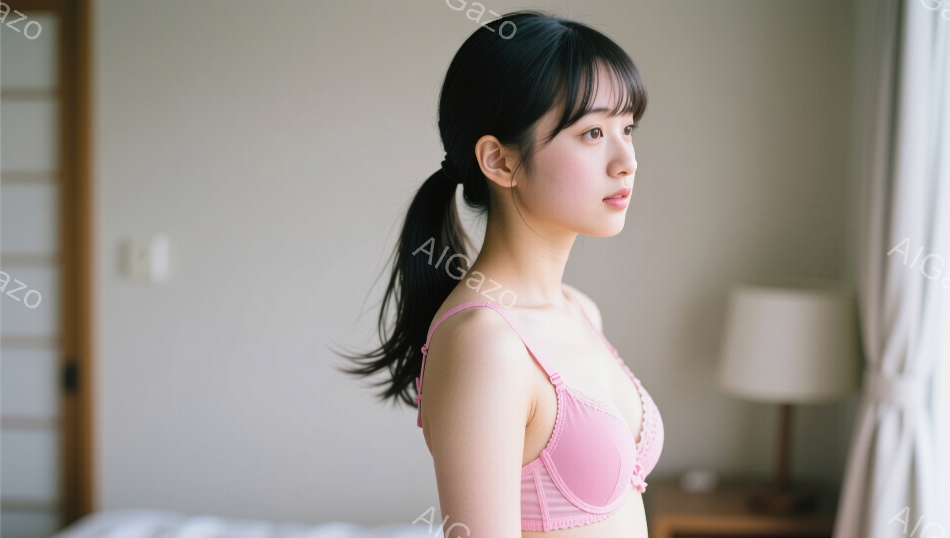 長い黒髪をポニーテールにした若い女性が、ピンク色のブラレットを着用して横を向いています。彼女はわずかに微笑み、優雅で穏やかな表情をしています。背景には、白いカーテンとテーブルランプ、そして木製の家具が - AI生成フリー素材